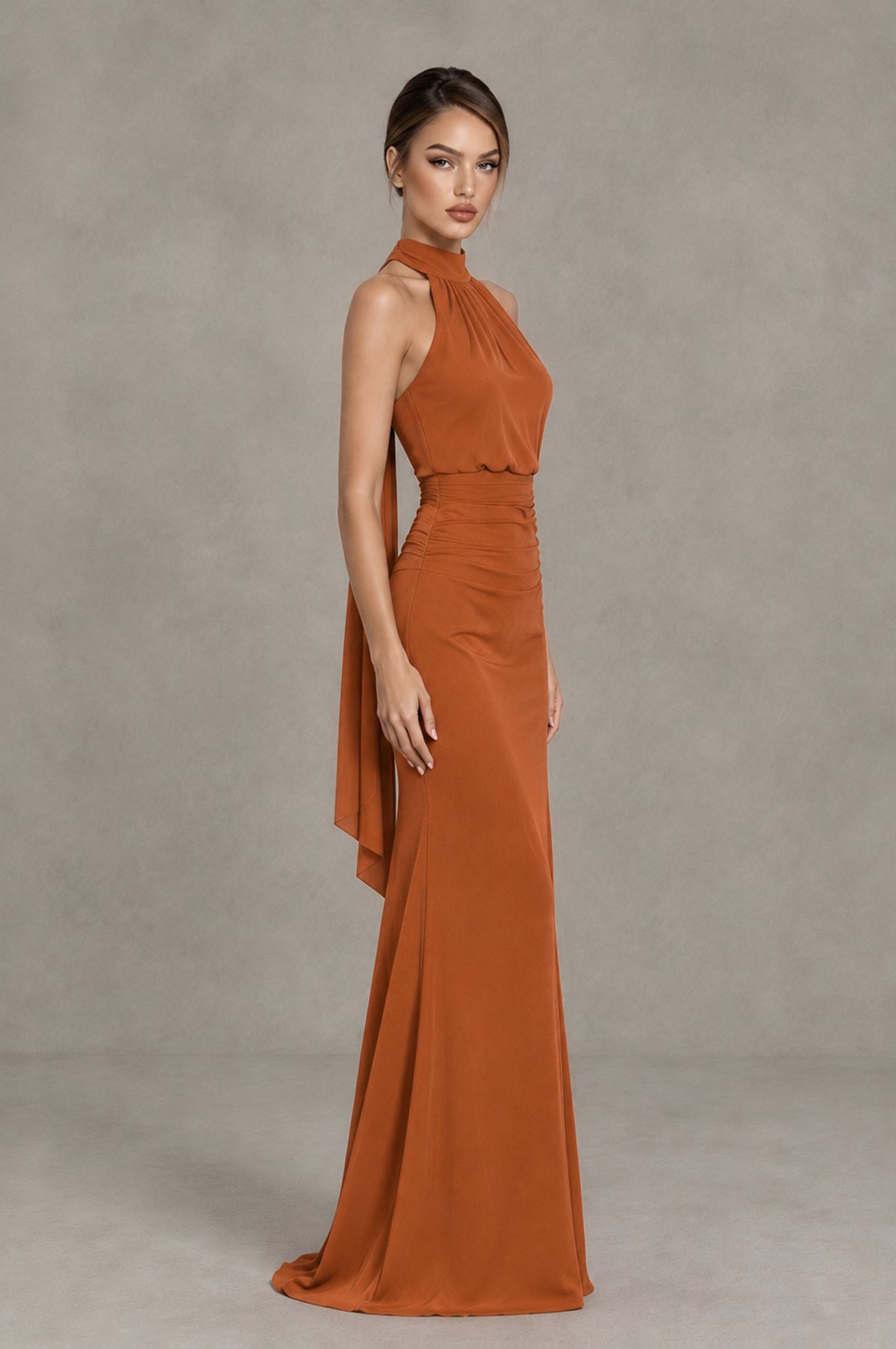 BOLODOO Burnt Orange Chiffon Halter Maxi Formal Wedding Guest Dress - Burnt Orange - Burnt Orange_3