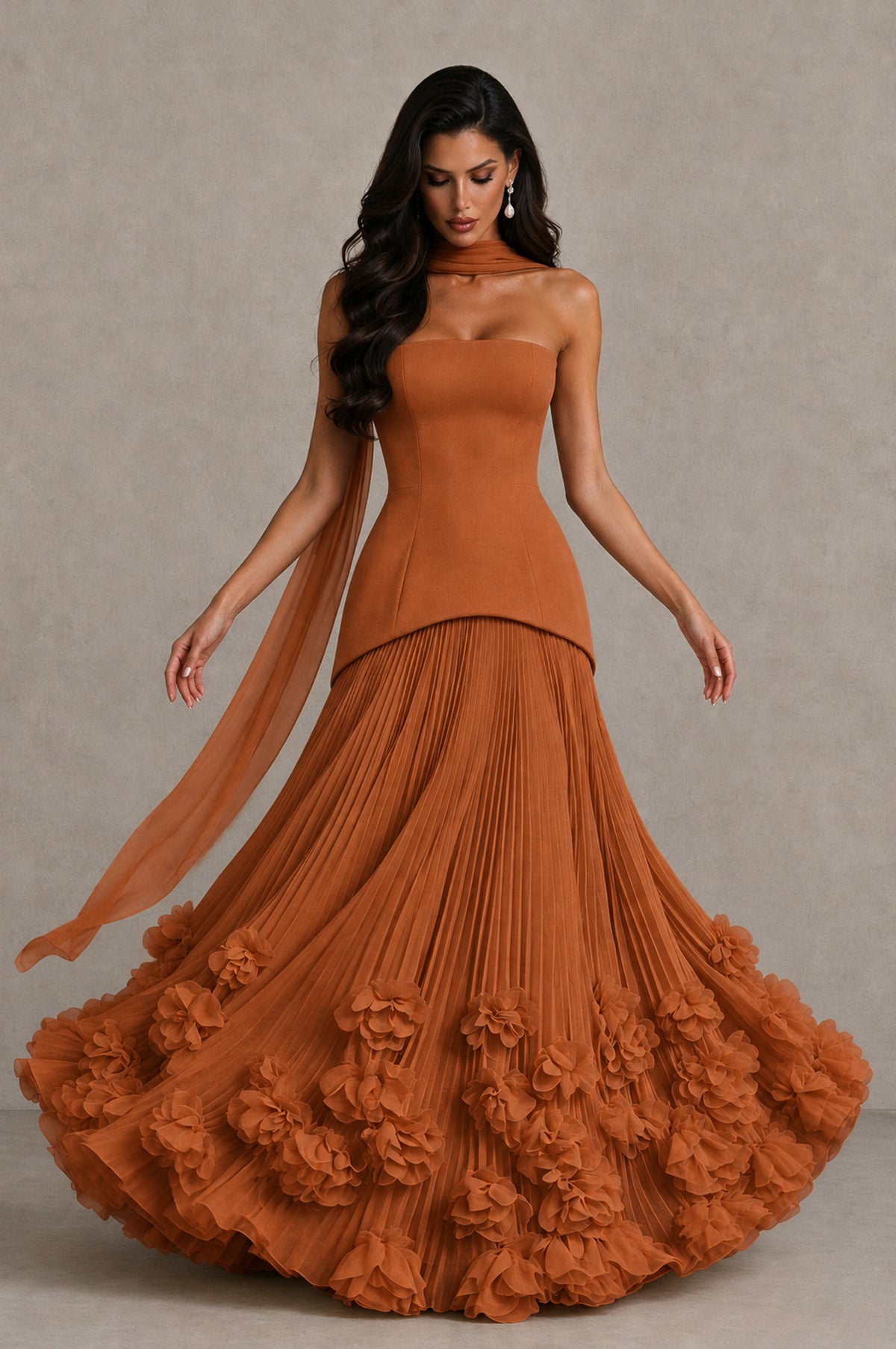 BOLODOO Burnt Orange Strapless Pleated Floral Hem Evening Gown - Burnt Orange - Burnt Orange_3