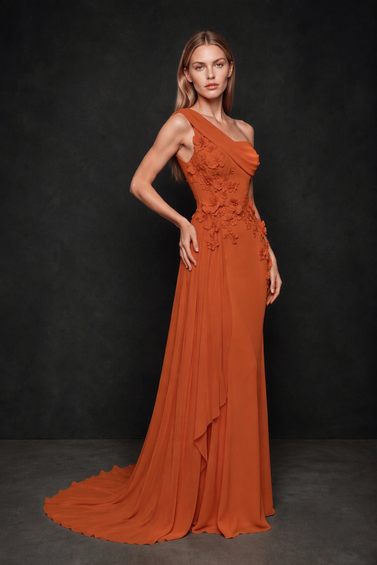 BOLODOO Burnt Orange One-Shoulder 3D Floral Appliqué Chiffon Gown with Open Back - Burnt Orange