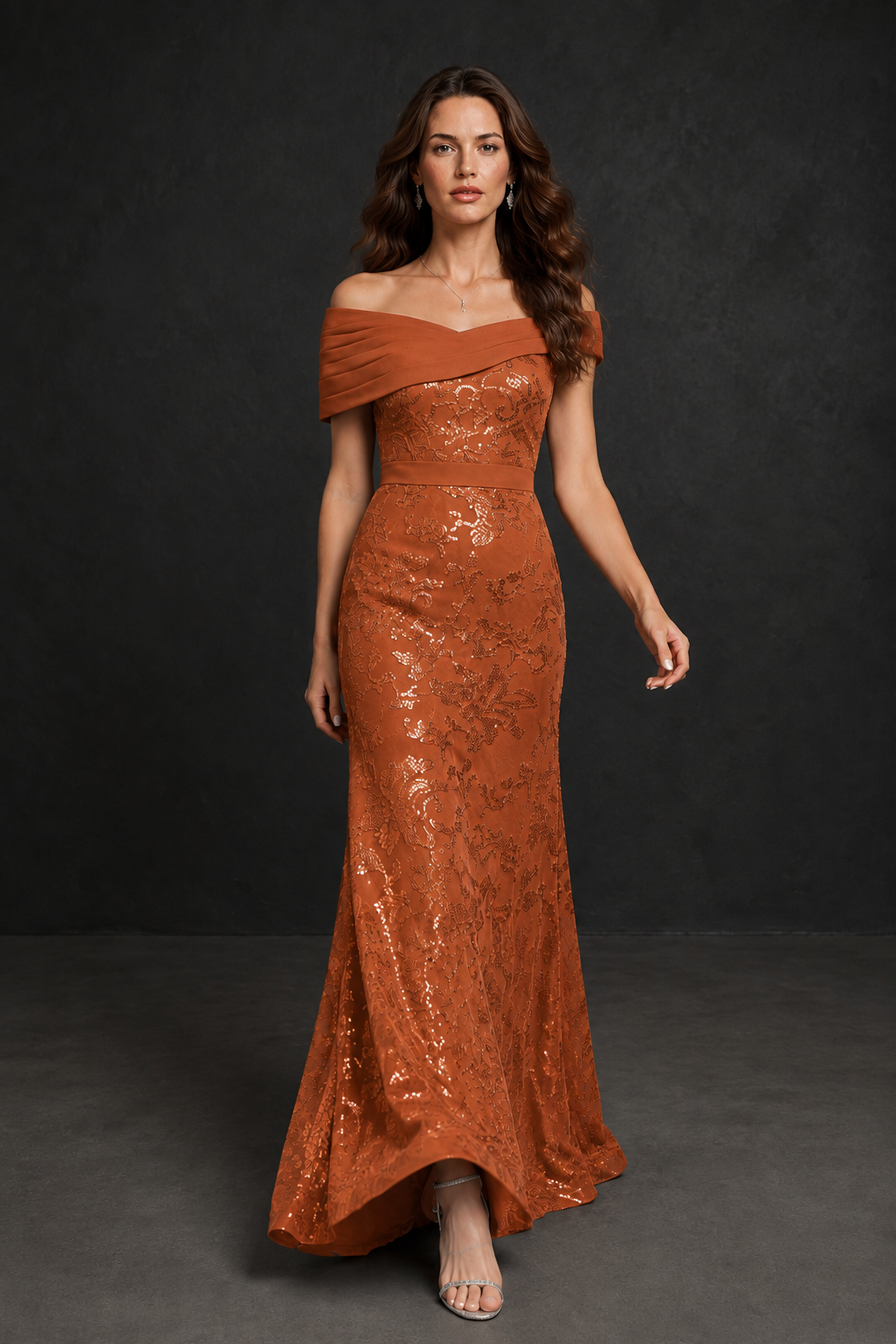 BOLODOO Burnt Orange Off-Shoulder Sequin Lace Mermaid Evening Gown | Mother of the Bride Formal Dress - Burnt Orange