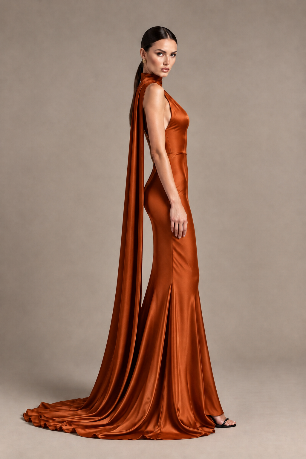 BOLODOO Burnt Orange One-Shoulder Satin Mermaid Evening Dress with Scarf - Burnt Orange - Burnt Orange_3