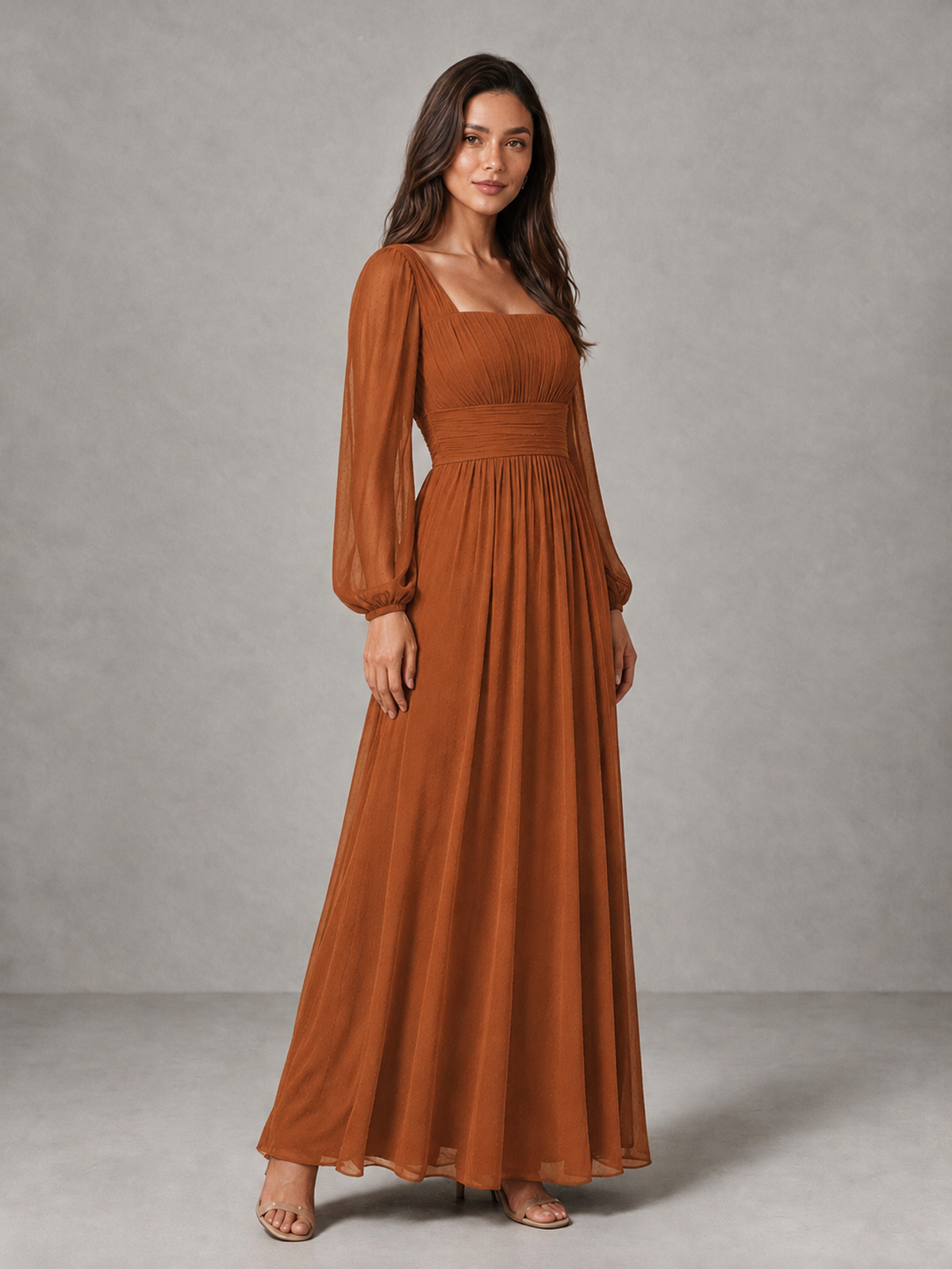 BOLODOO Burnt Orange Square Neck Long Sleeve Chiffon Bridesmaid Dress - Burnt Orange - Burnt Orange_3