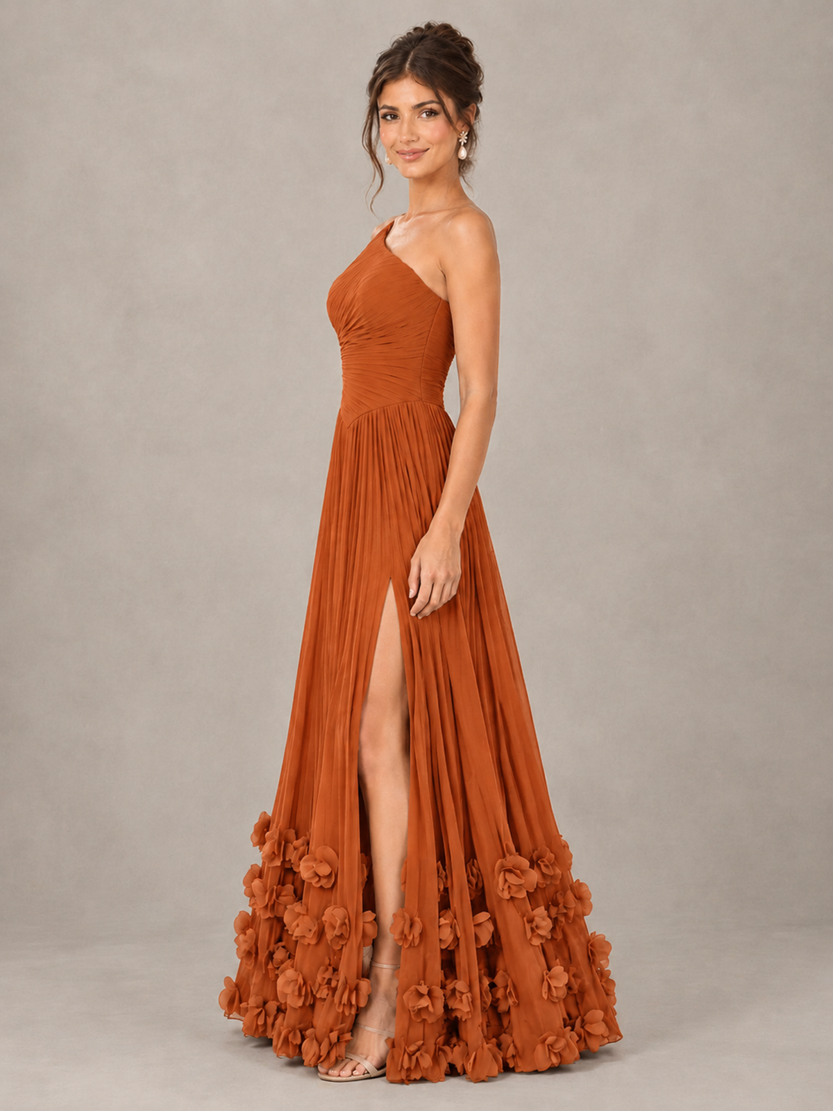 BOLODOO Burnt Orange One-Shoulder Pleated Bridesmaid Dress with 3D Floral Hem - Burnt Orange - Burnt Orange_3