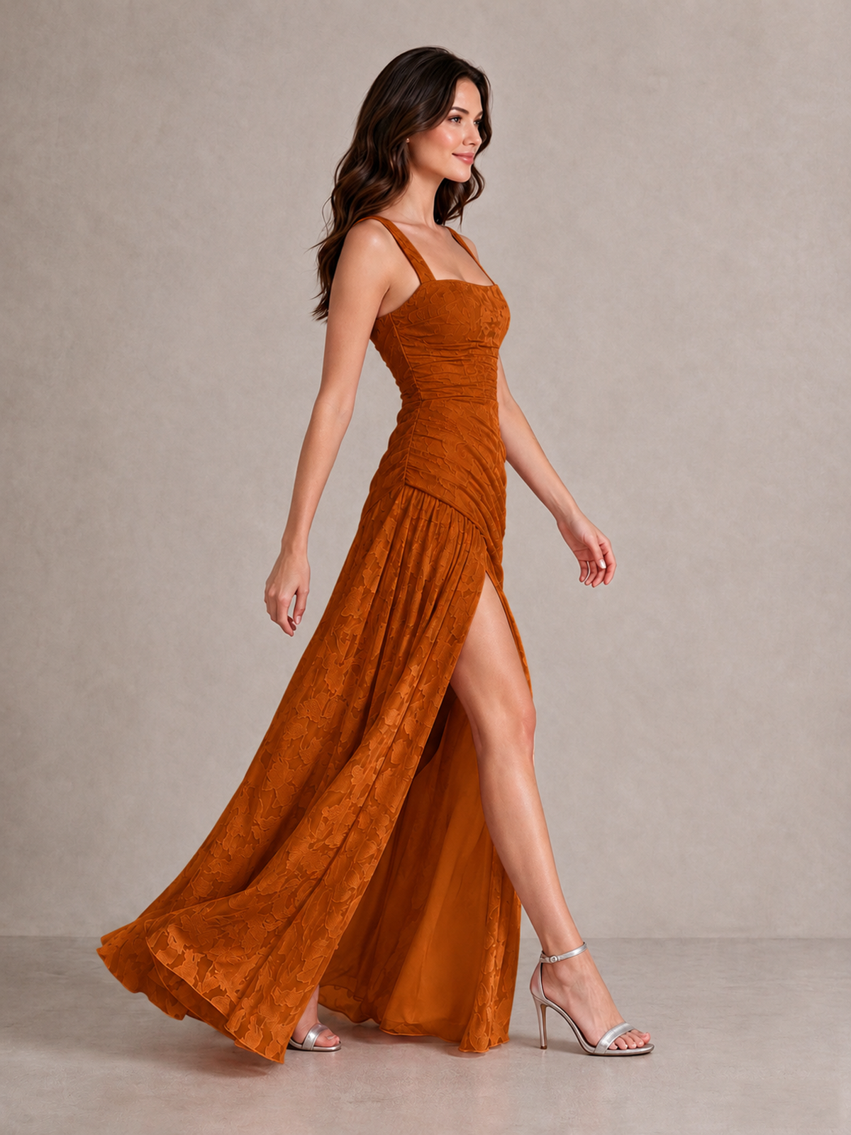 BOLODOO Burnt Orange Floral Jacquard Bridesmaid Dress with Square Neck, Lace-Up Back & High Slit - Burnt Orange - Burnt Orange_3