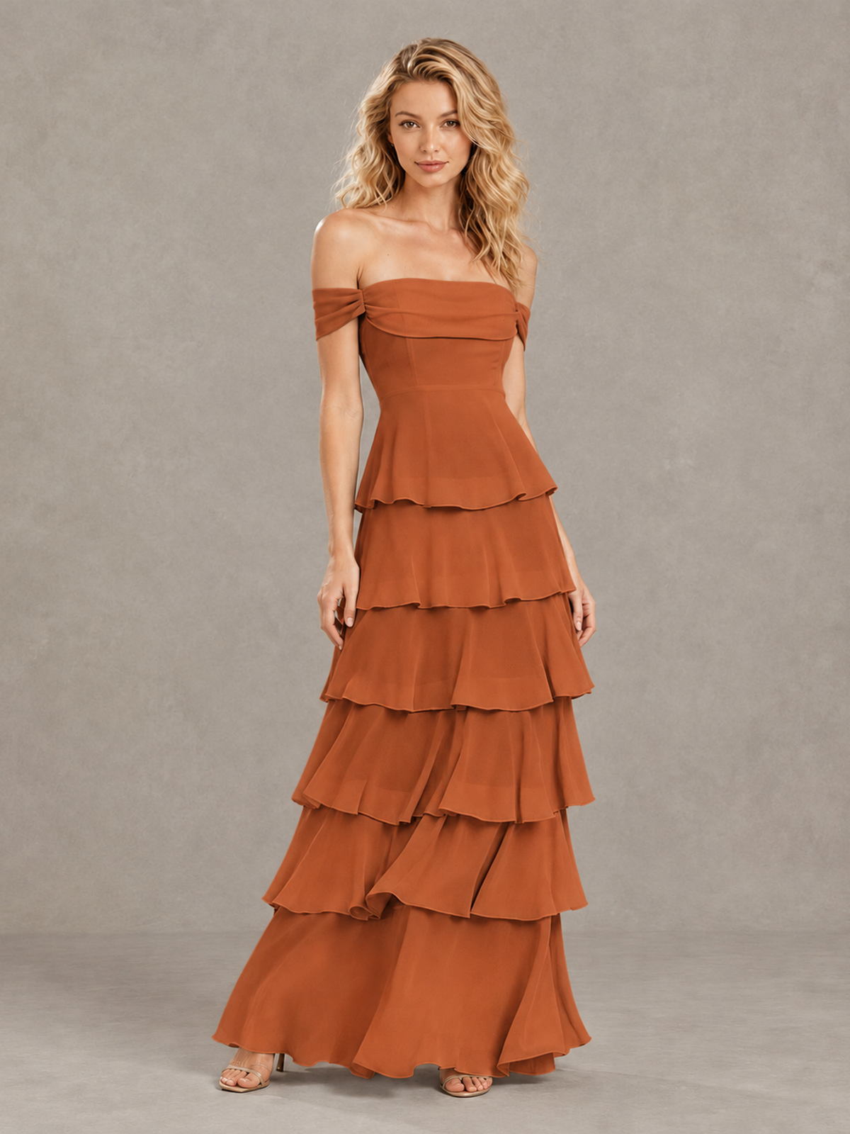 BOLODOO Burnt Orange Off-Shoulder Tiered Ruffle Bridesmaid Dress with Lace-Up Back - Burnt Orange - Burnt Orange_3