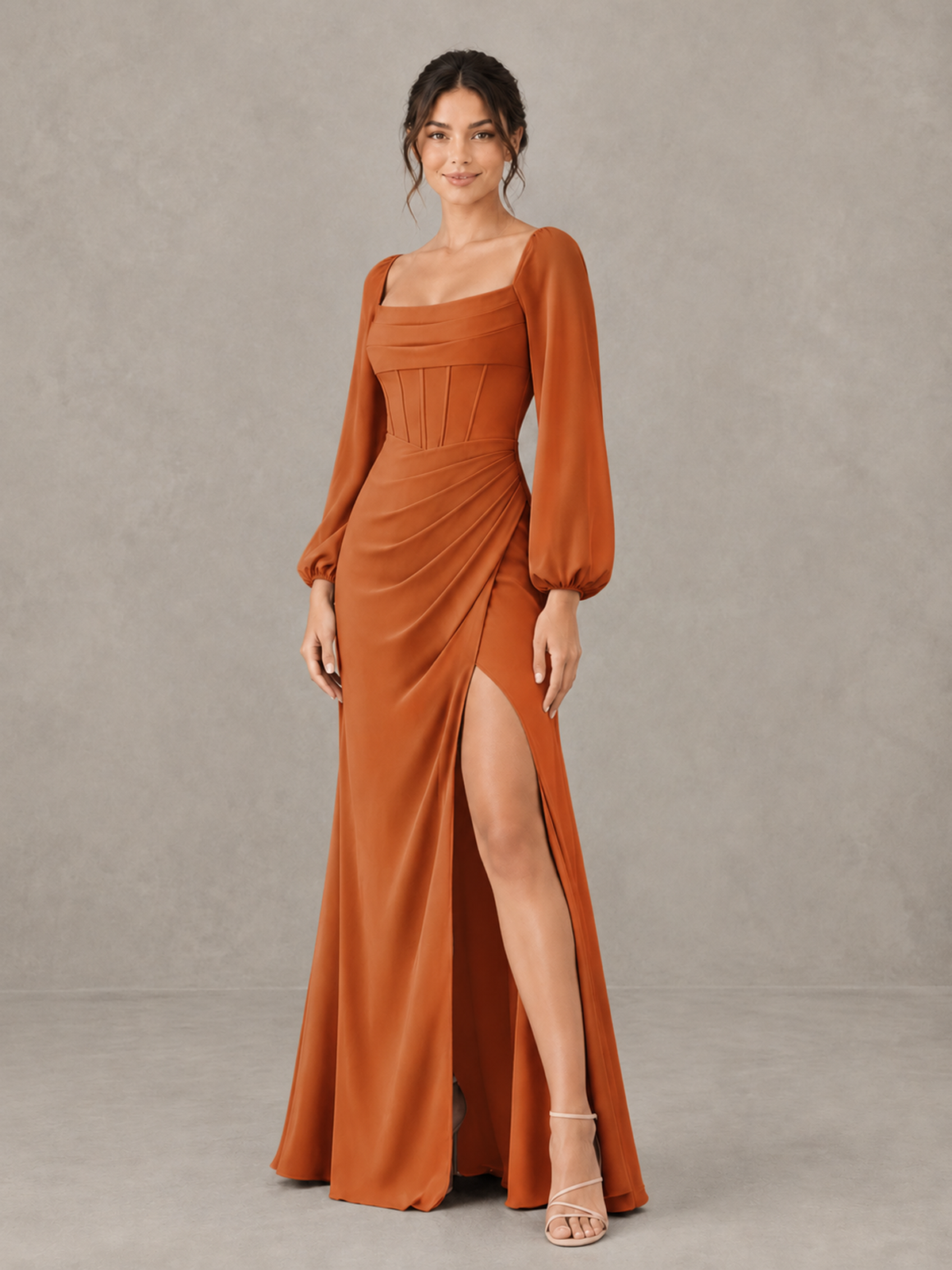 BOLODOO Burnt Orange Square Neck Long Sleeve Bridesmaid Dress with High Slit - Burnt Orange - Burnt Orange_3