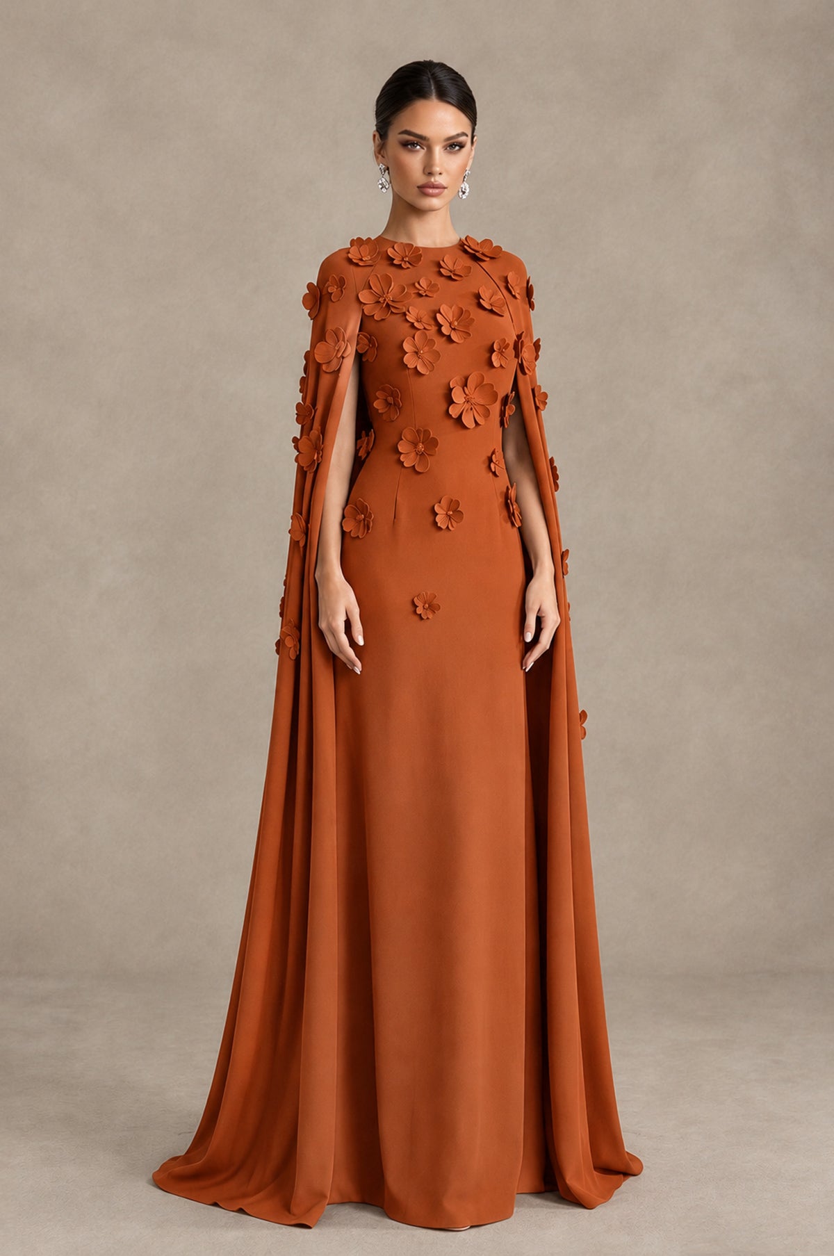 BOLODOO Burnt Orange 3D Floral Applique Cape Formal Dress - Burnt Orange - Burnt Orange_3