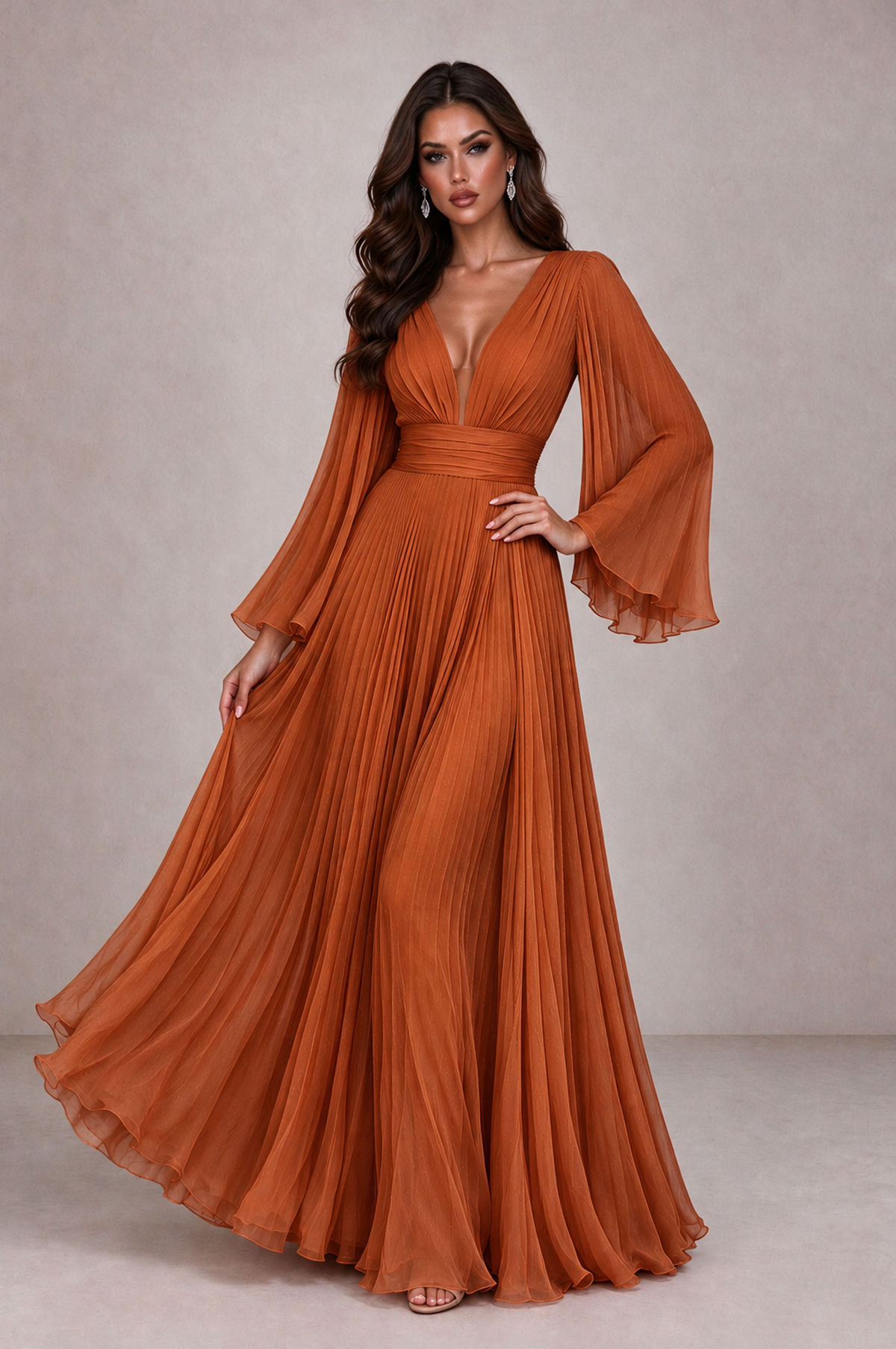 BOLODOO Burnt Orange Pleated Deep V-Neck Long Bell Sleeve Evening Dress - Burnt Orange - Burnt_Orange_3