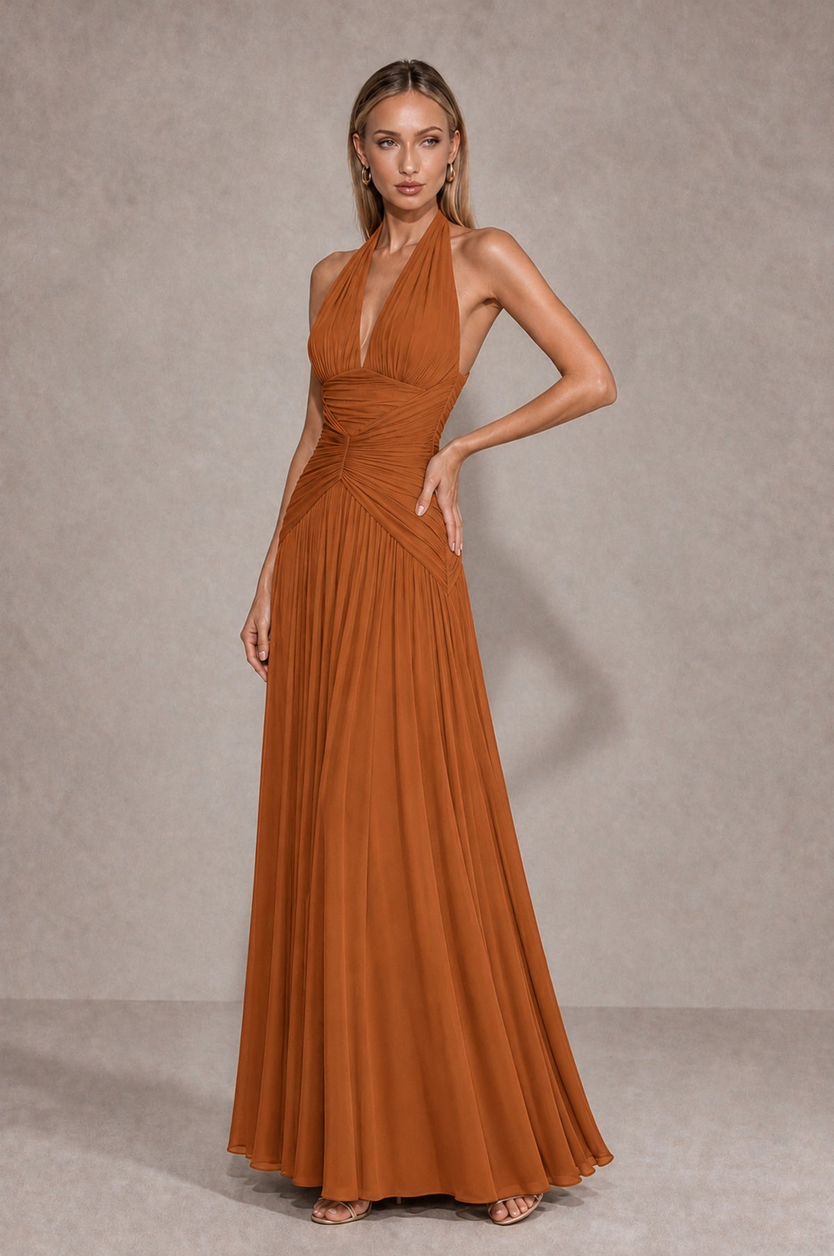 BOLODOO Burnt Orange Chiffon Halter Deep V-Neck Ruched A-Line Backless Maxi Dress with Train-BD0167 - Burnt Orange - Burnt Orange_3