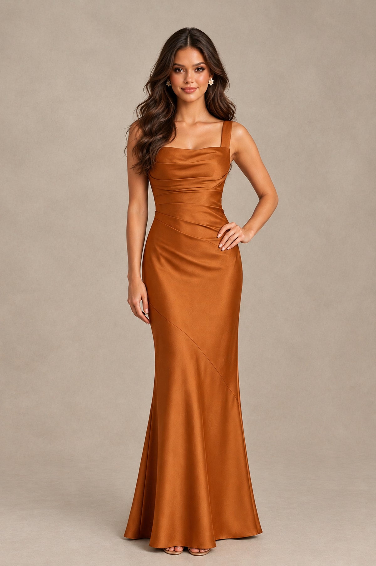 BOLODOO Burnt Orange Square Neck Ruched Satin Lace-Up Bridesmaid Dress - Burnt Orange - Burnt Orange_3