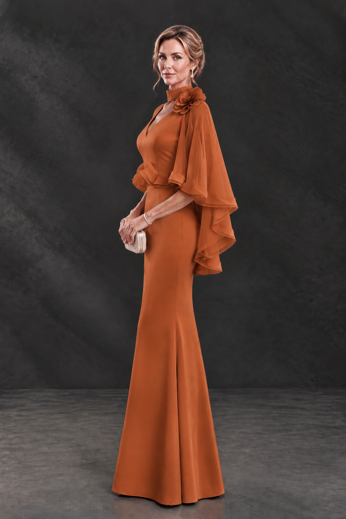 BOLODOO Burnt Orange Floral Cape Sleeve Mother of the Bride Dress - Burnt Orange - Burnt_Orange_3
