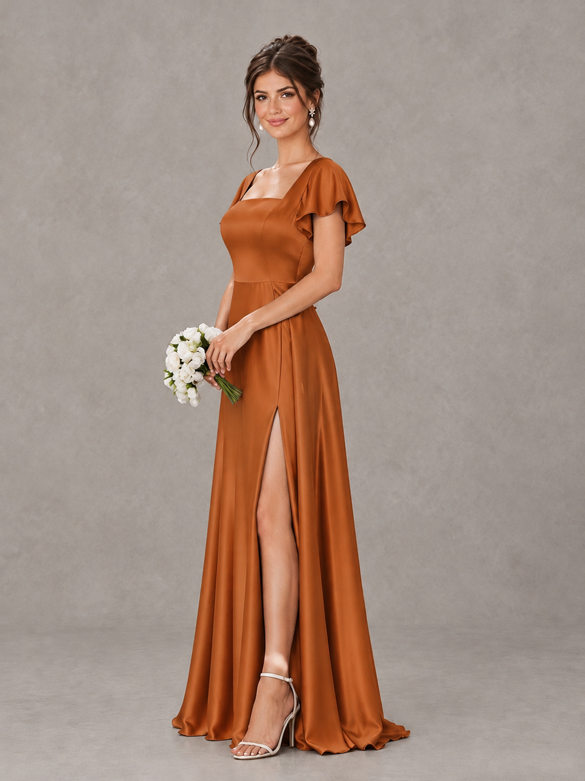 BOLODOO Burnt Orange Satin Square Neck Flutter Sleeve A-Line Bridesmaid Dress with Slit - Burnt Orange - Burnt Orange_3