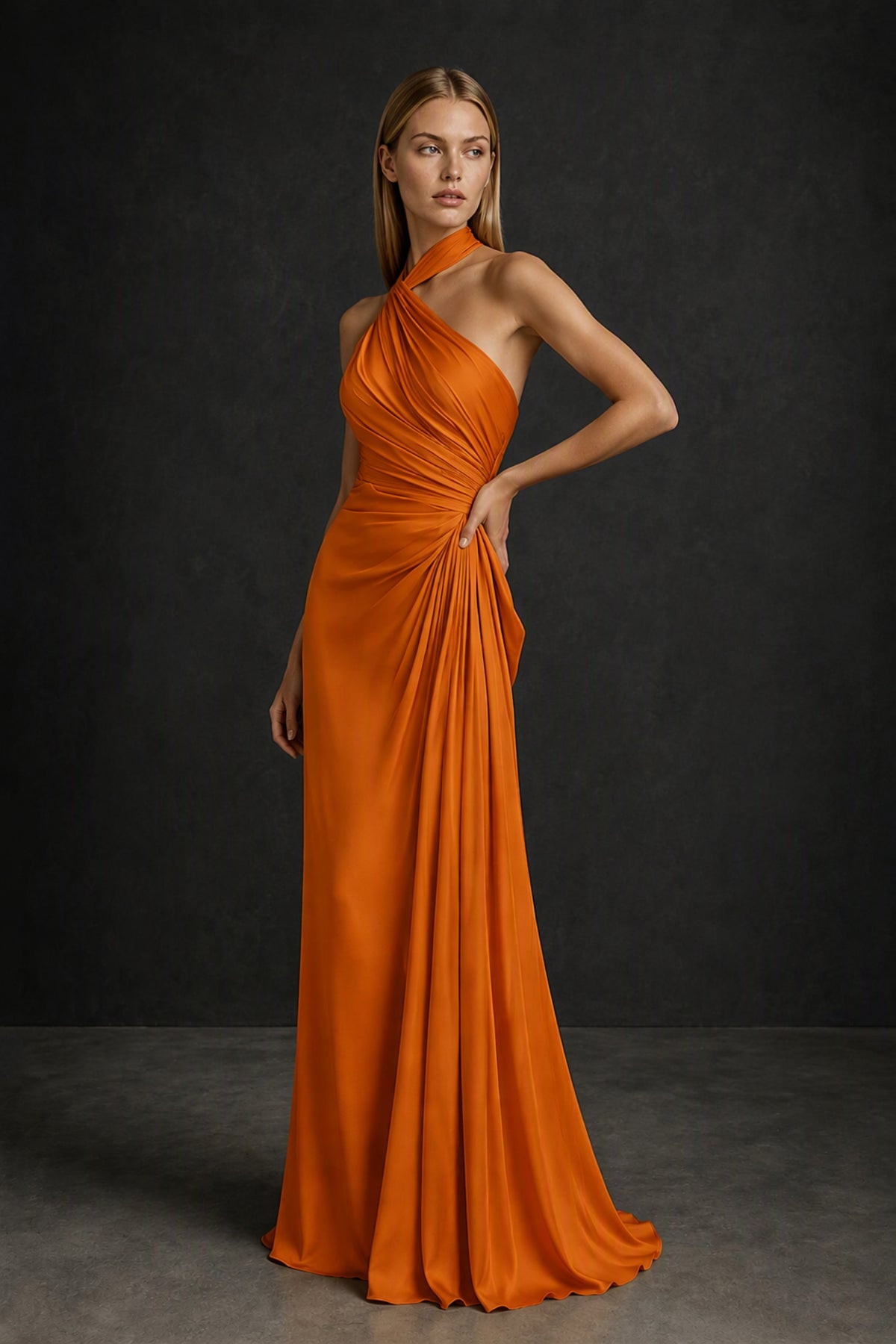 BOLODOO Burnt Orange Twisted Halter Neck Ruched Sleeveless Open Back Floor-Length Gown - Burnt Orange