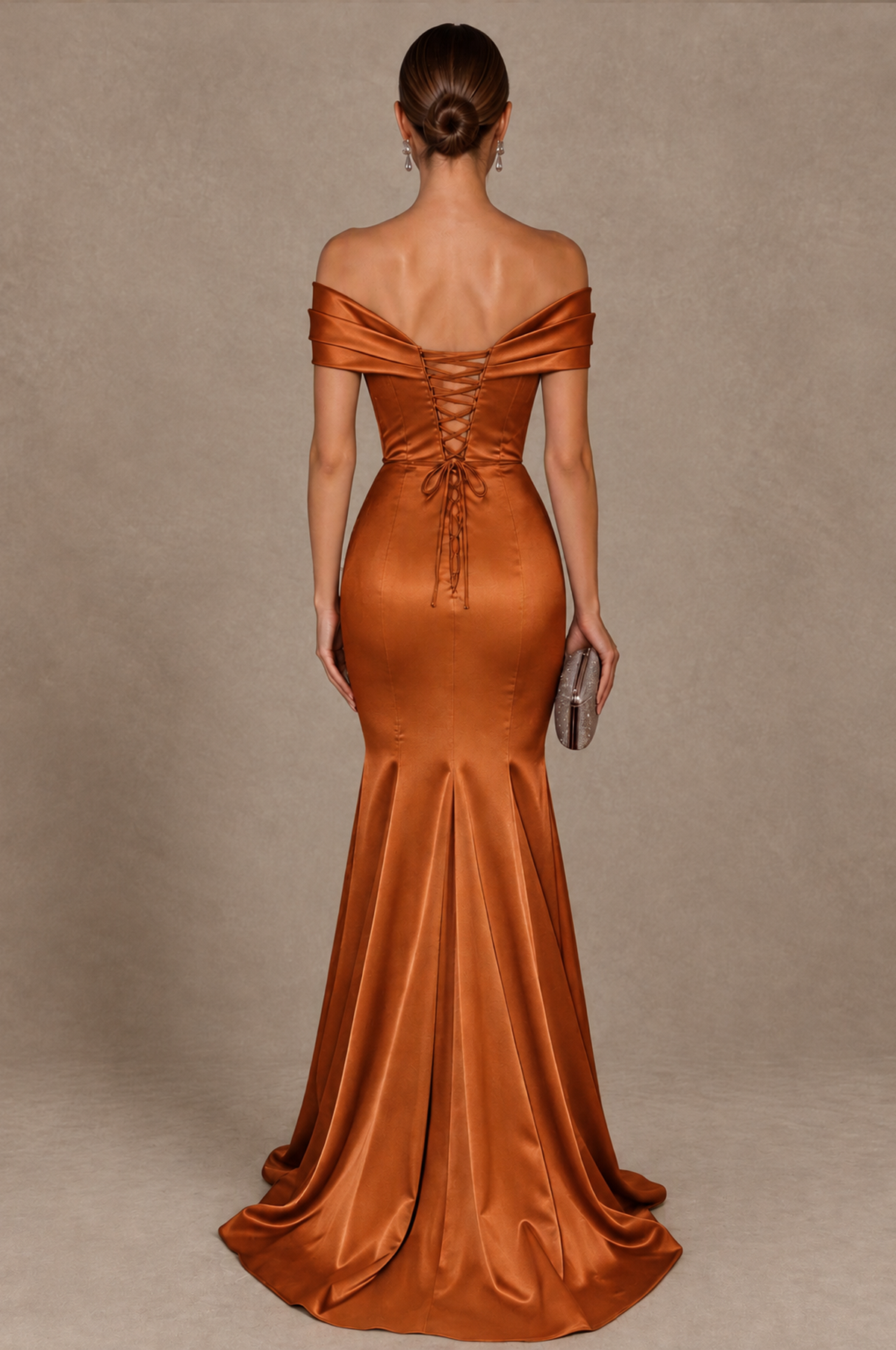 BOLODOO Burnt Orange Off-the-Shoulder Ruched Satin Mermaid Evening Dress - Burnt Orange - Burnt_Orange_3