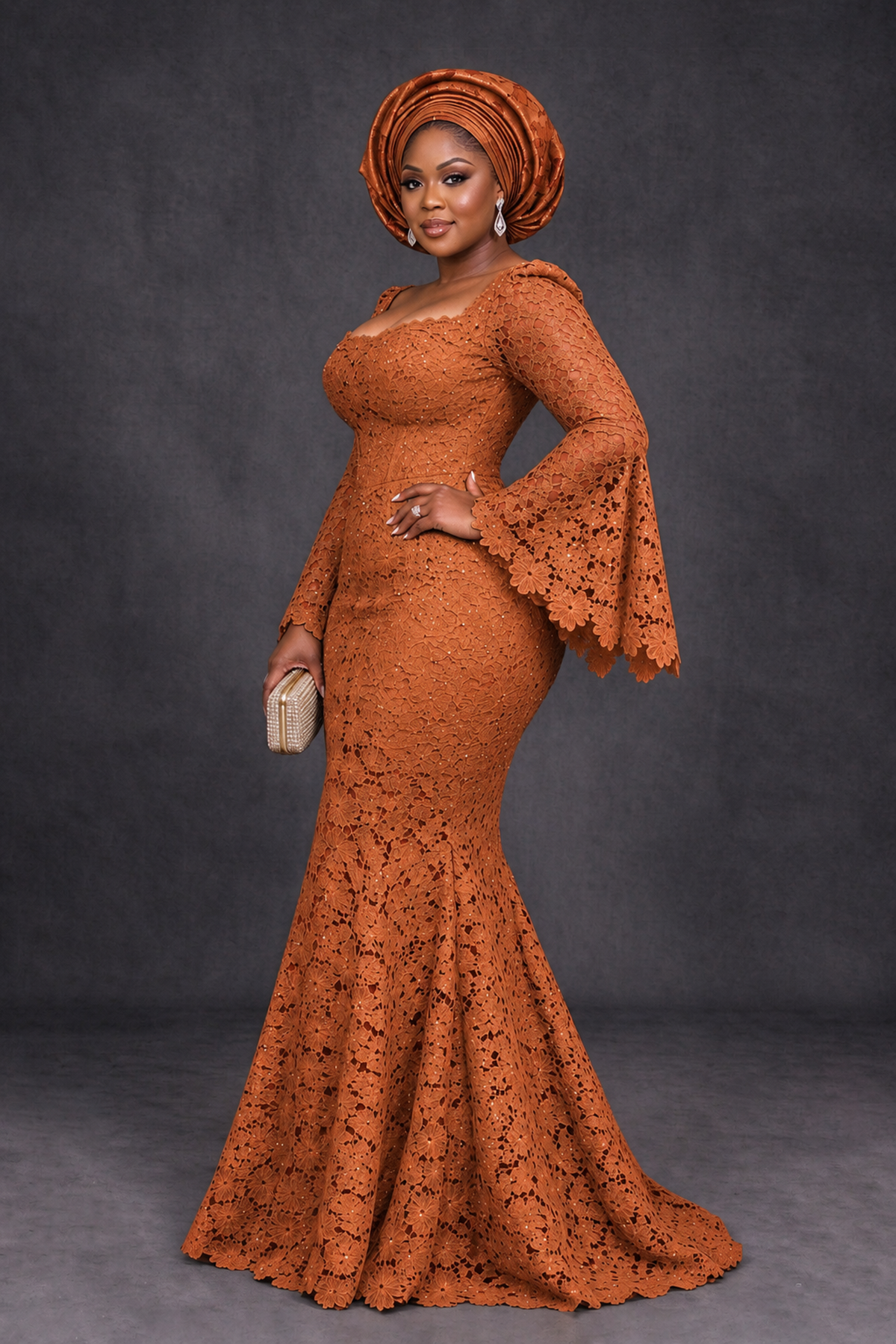 BOLODOO Burnt Orange African Lace Mermaid Dress, Plus Size Nigerian Wedding Guest Gown with Bell Sleeves - Burnt Orange - Burnt Orange_3