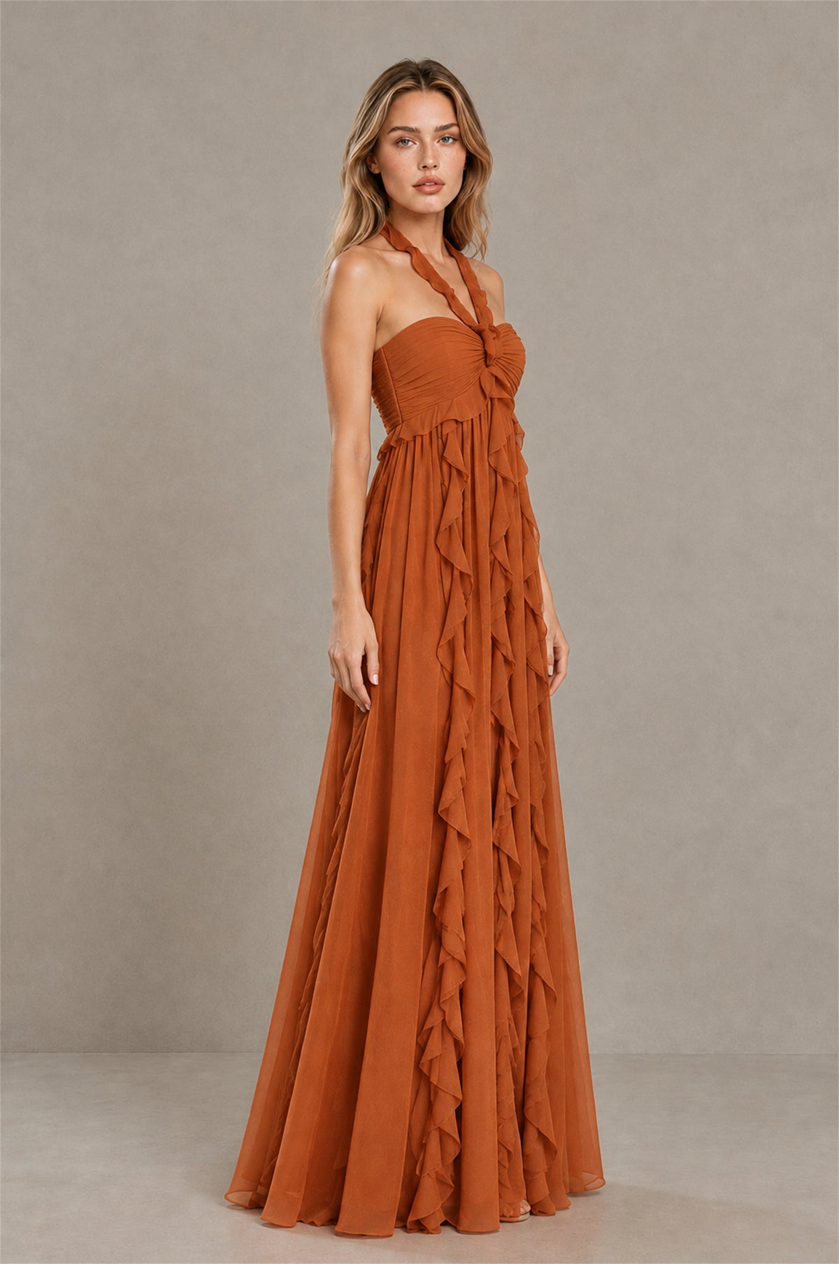 BOLODOO Burnt Orange Halter Ruffle A-Line Floor-Length Evening Dress - Burnt Orange - Burnt_Orange_3