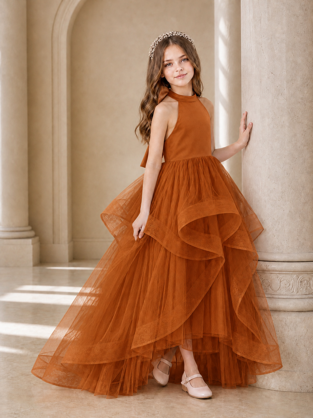 BOLODOO Burnt Orange Halter Tiered Tulle Flower Girl Dress with Bow Back - Burnt Orange - Burnt Orange_3