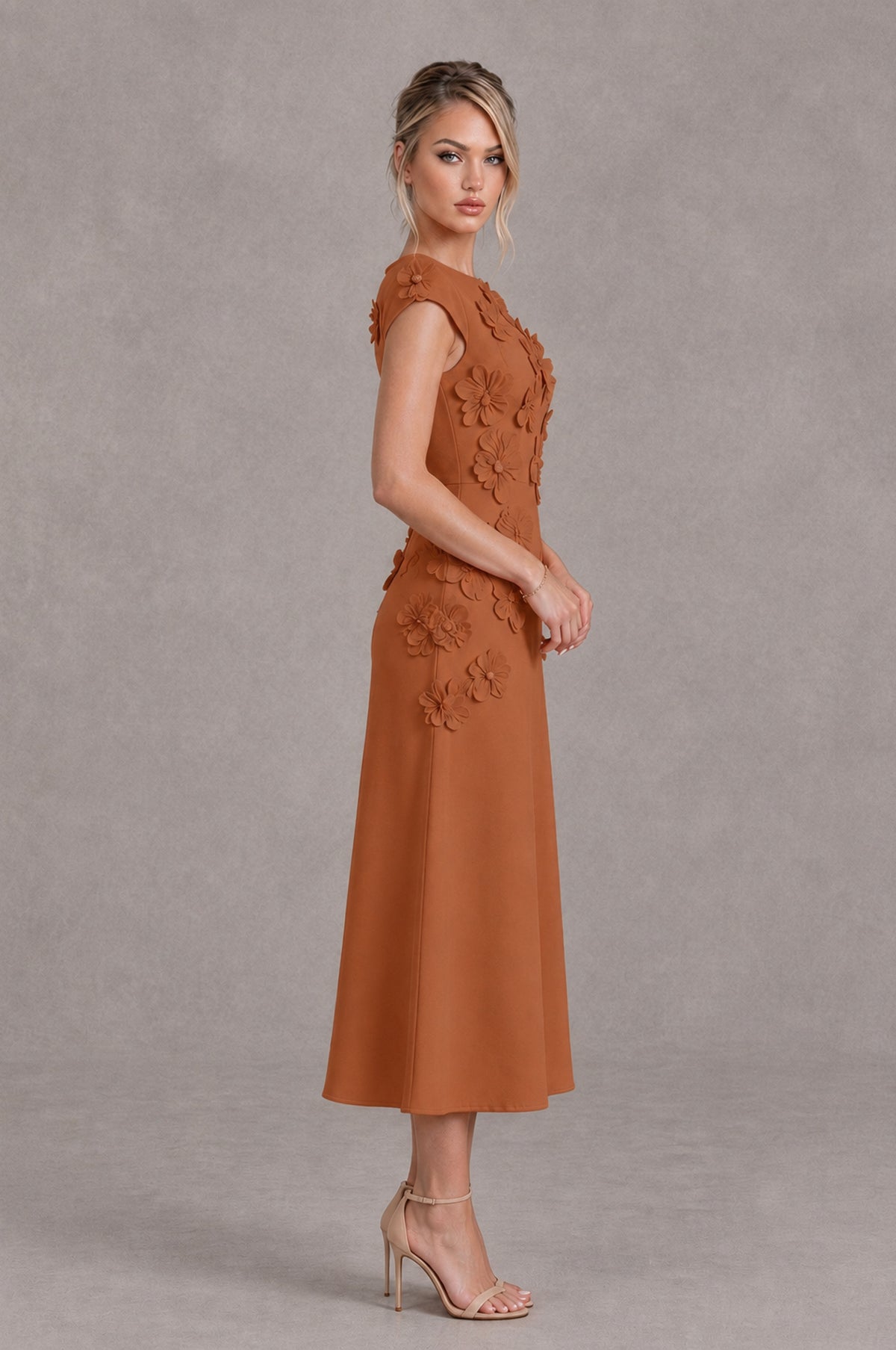 BOLODOO Burnt Orange 3D Floral Cap Sleeve Midi Cocktail Dress - Burnt Orange - Burnt Orange_3