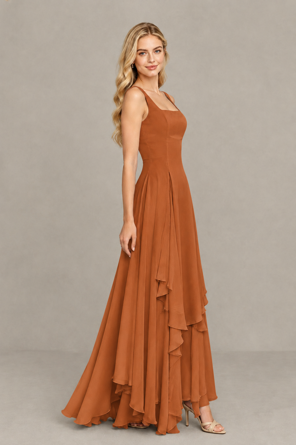 BOLODOO Burnt Orange Square Neck Chiffon Bridesmaid Dress with Lace-Up Back - Burnt Orange