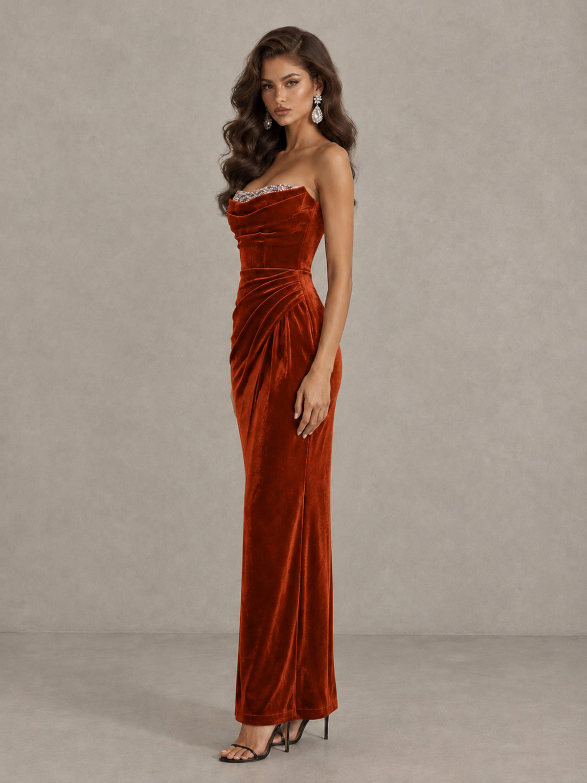 BOLODOO Burnt Orange Strapless Velvet Cocktail Maxi Dress - Burnt Orange - Burnt Orange_4