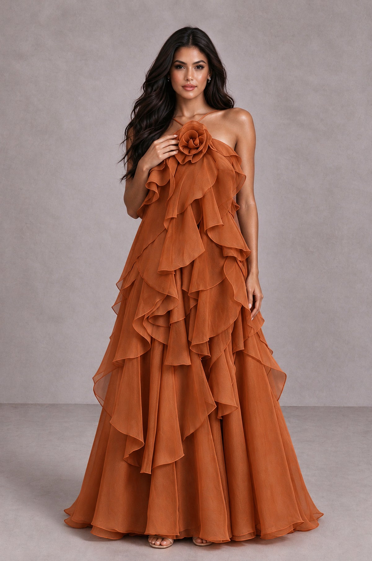 BOLODOO Burnt Orange Cascading Ruffle Rosette Open-Back Maxi Dress - Burnt Orange - Burnt Orange_4
