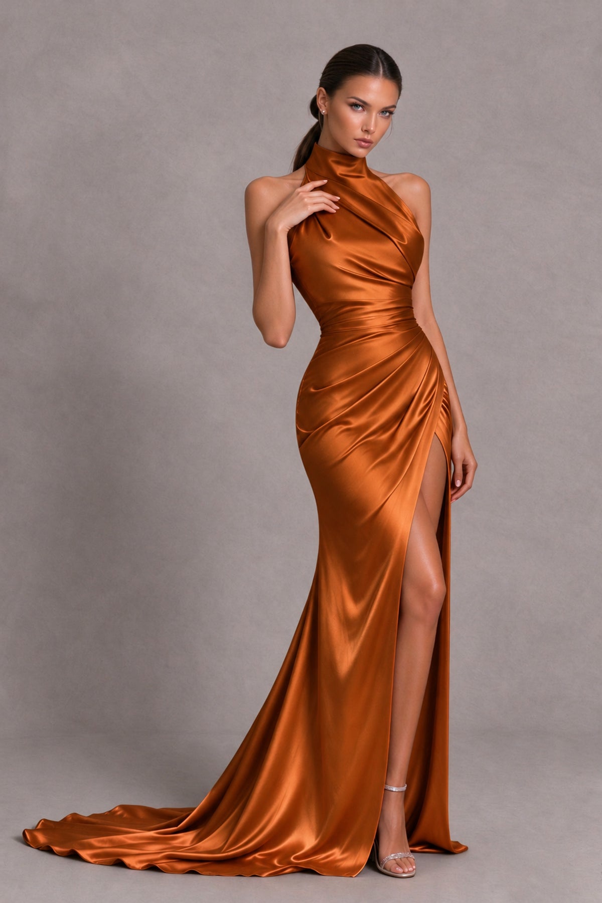 BOLODOO Burnt Orange Halter Satin-Look Evening Gown with High Slit - Burnt Orange - Burnt Orange_4
