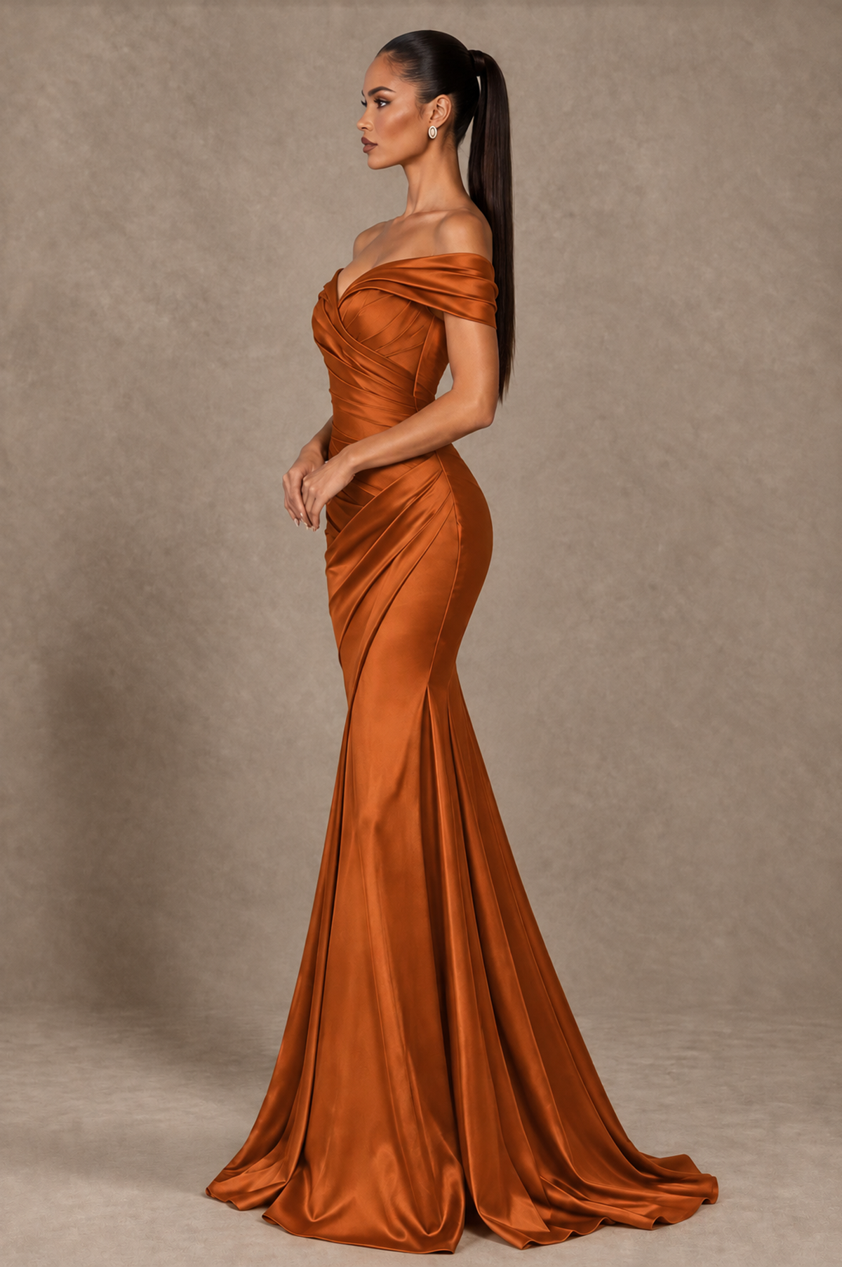 BOLODOO Burnt Orange Off-the-Shoulder Ruched Satin Mermaid Evening Dress - Burnt Orange - Burnt_Orange_4