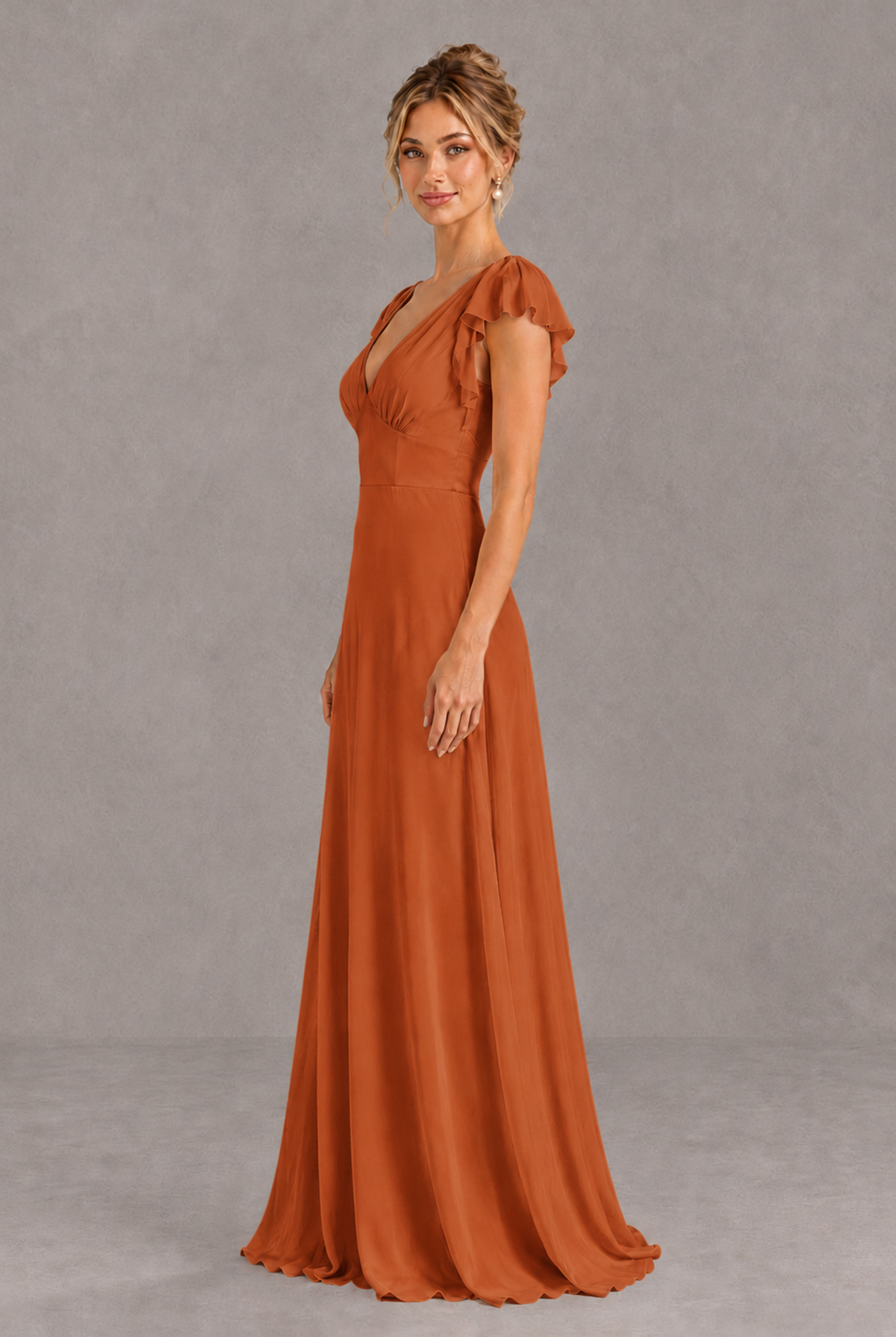 BOLODOO Burnt Orange V-Neck Flutter Sleeve A-Line Bridesmaid Dress - Burnt Orange - Burnt Orange_4