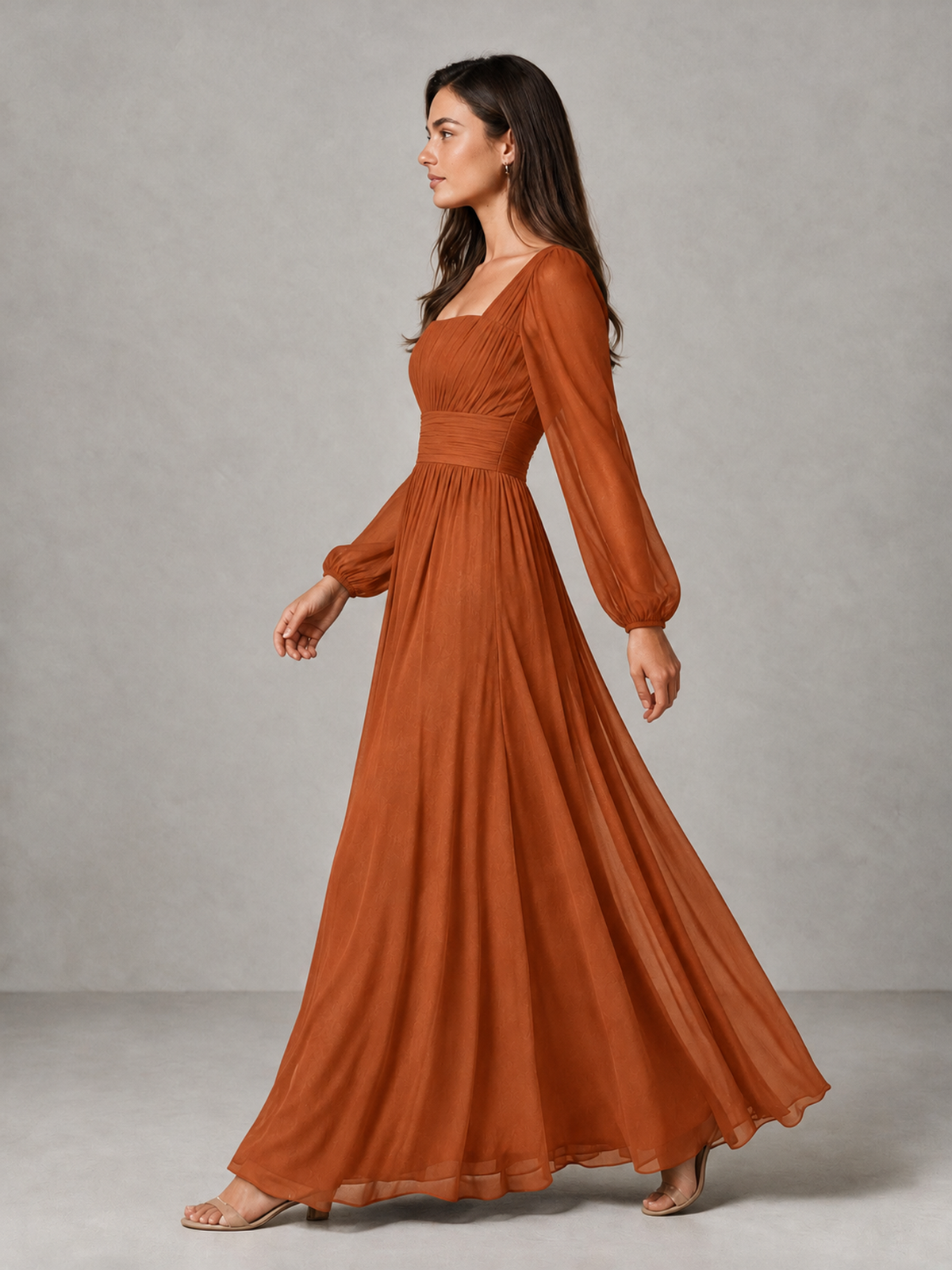 BOLODOO Burnt Orange Square Neck Long Sleeve Chiffon Bridesmaid Dress - Burnt Orange - Burnt Orange_4