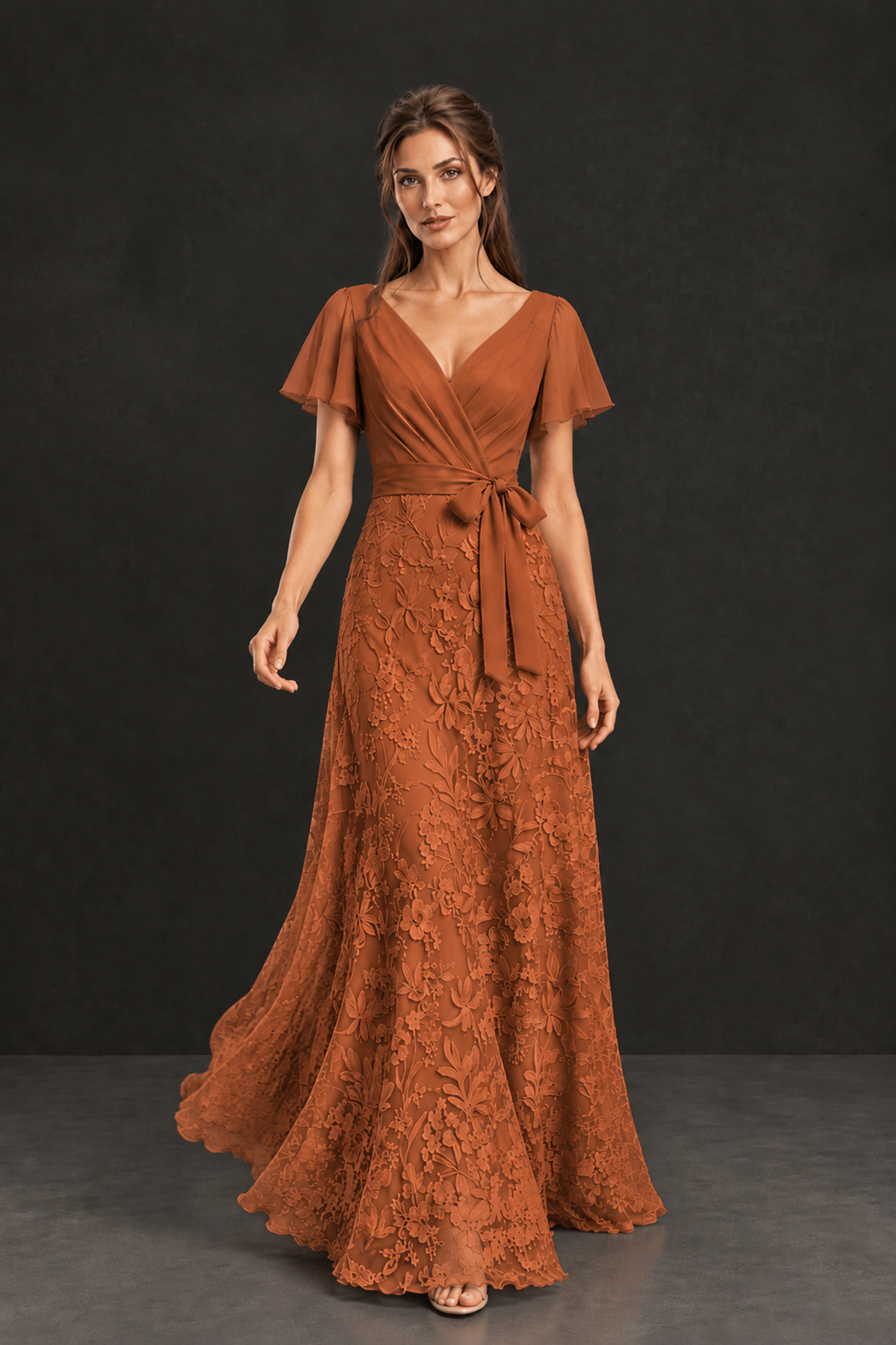 BOLODOO Burnt Orange Flutter Sleeve Lace Mother of the Bride Dress - Burnt_Orange
