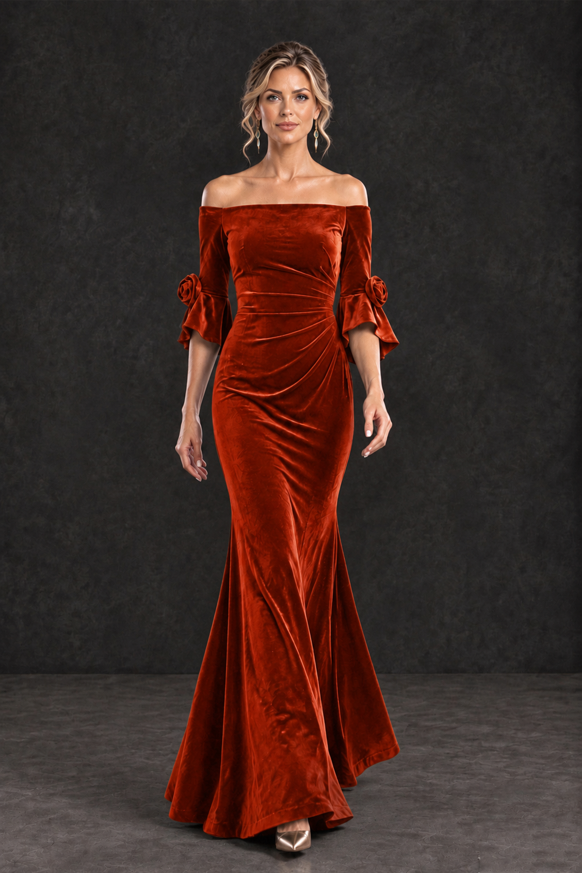 BOLODOO Burnt Orange Velvet Off-Shoulder Mother of the Bride Dress – 3/4 Floral Cuff Sleeve Mermaid Evening Gown - Burnt Orange - Burnt Orange_4
