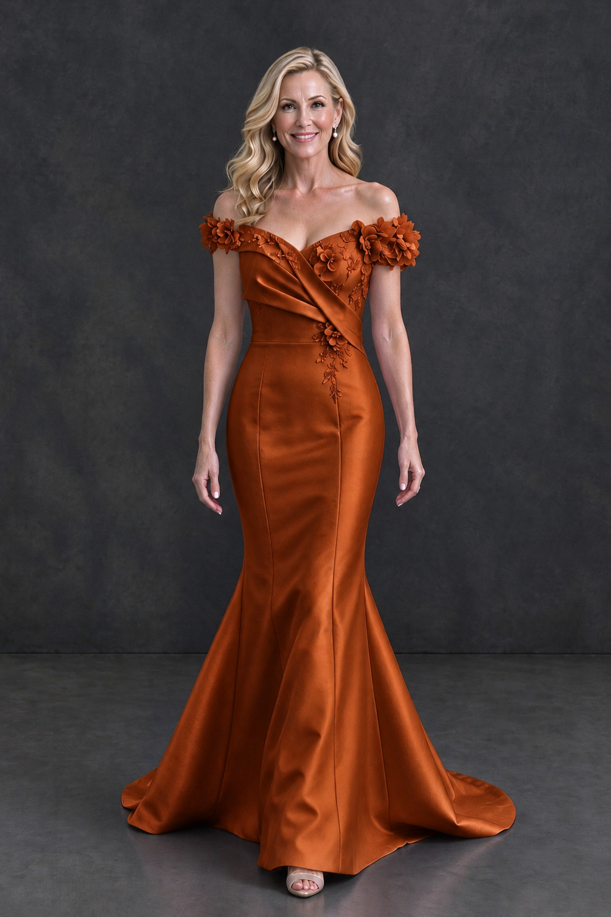 BOLODOO Burnt Orange Off-Shoulder Floral Mermaid Mother of the Bride Dress - Burnt Orange - Burnt Orange_4