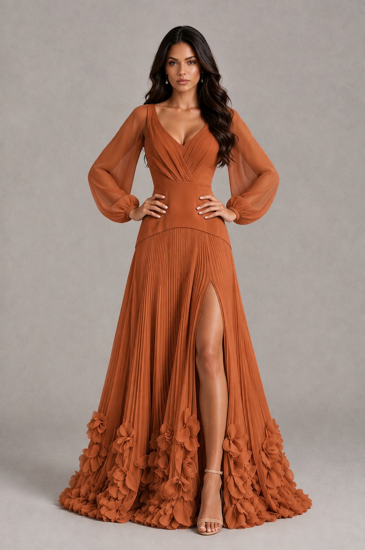 BOLODOO Burnt Orange V-Neck Long Sleeve Pleated Floral Hem Evening Dress - Burnt Orange - Burnt Orange_4