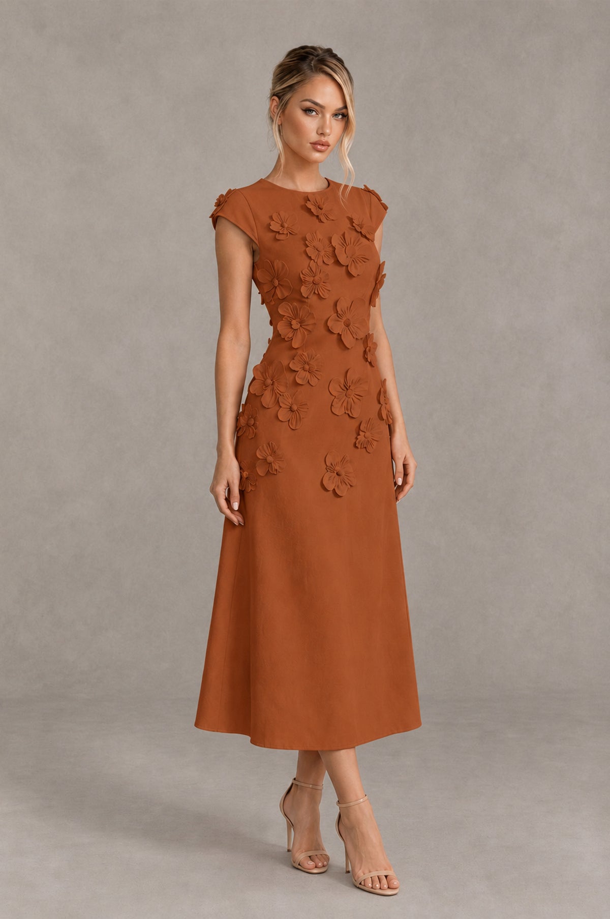 BOLODOO Burnt Orange 3D Floral Cap Sleeve Midi Cocktail Dress - Burnt Orange - Burnt Orange_4