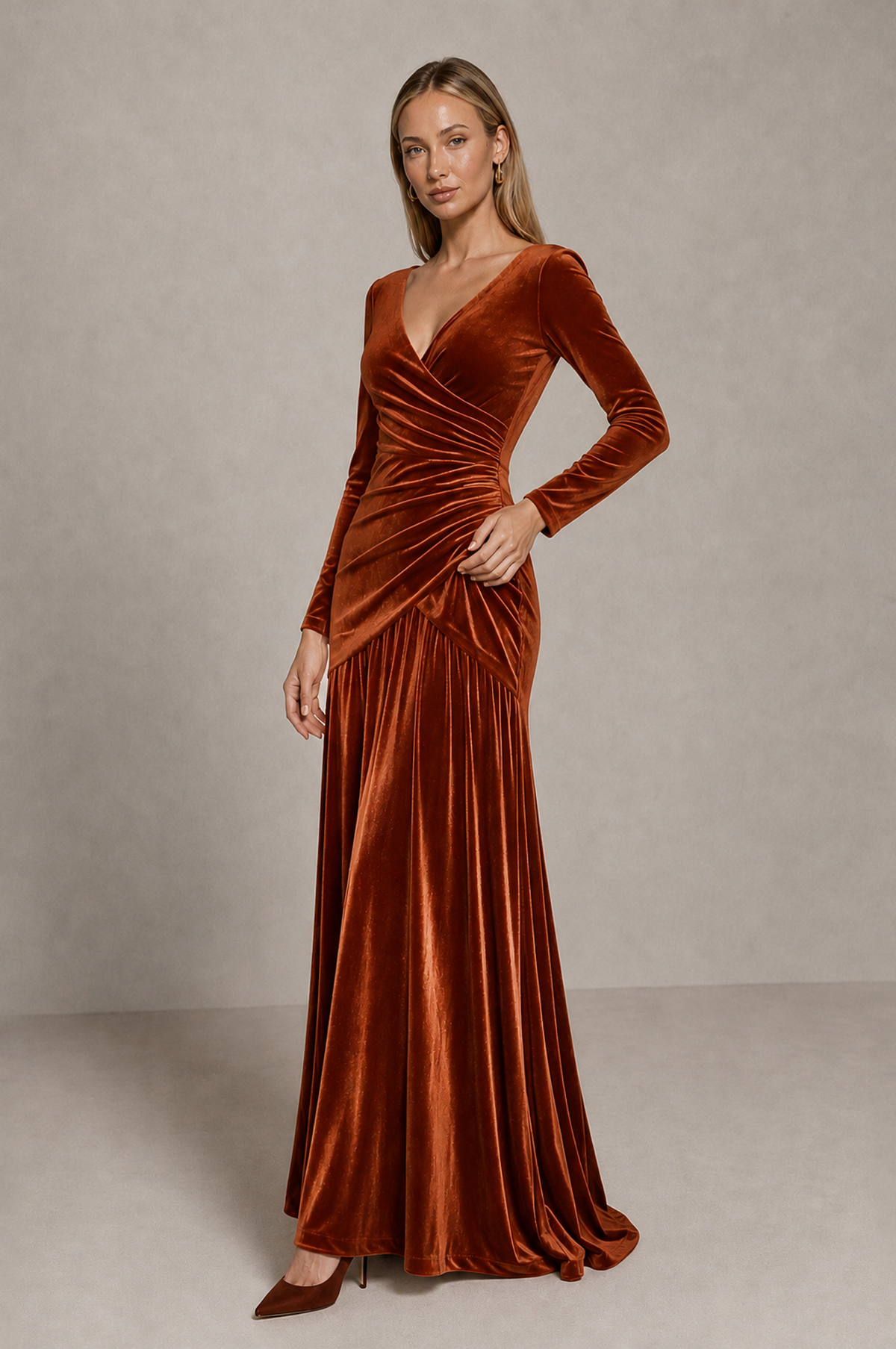 BOLODOO Burnt Orange Velvet Long Sleeve V-Neck Ruched Evening Dress - Burnt Orange - Burnt_Orange_4