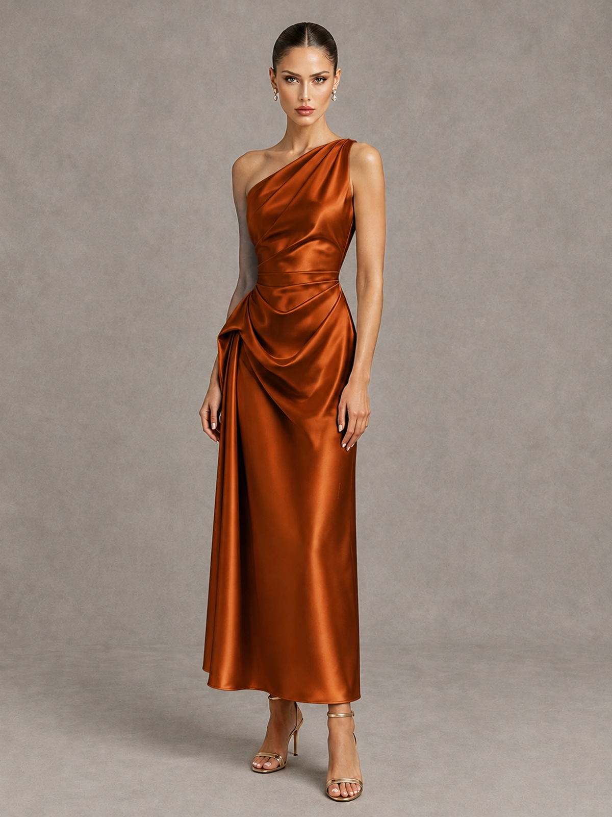 BOLODOO Burnt Orange One Shoulder Satin Cocktail Dress with Draped A-Line Skirt - Burnt Orange - Burnt Orange_4