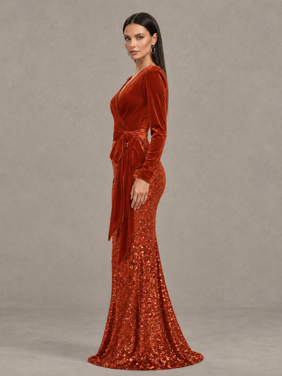 BOLODOO Burnt Orange Velvet & Sequin Long Sleeve V-Neck Mermaid Evening Gown - Burnt Orange - Burnt Orange_4