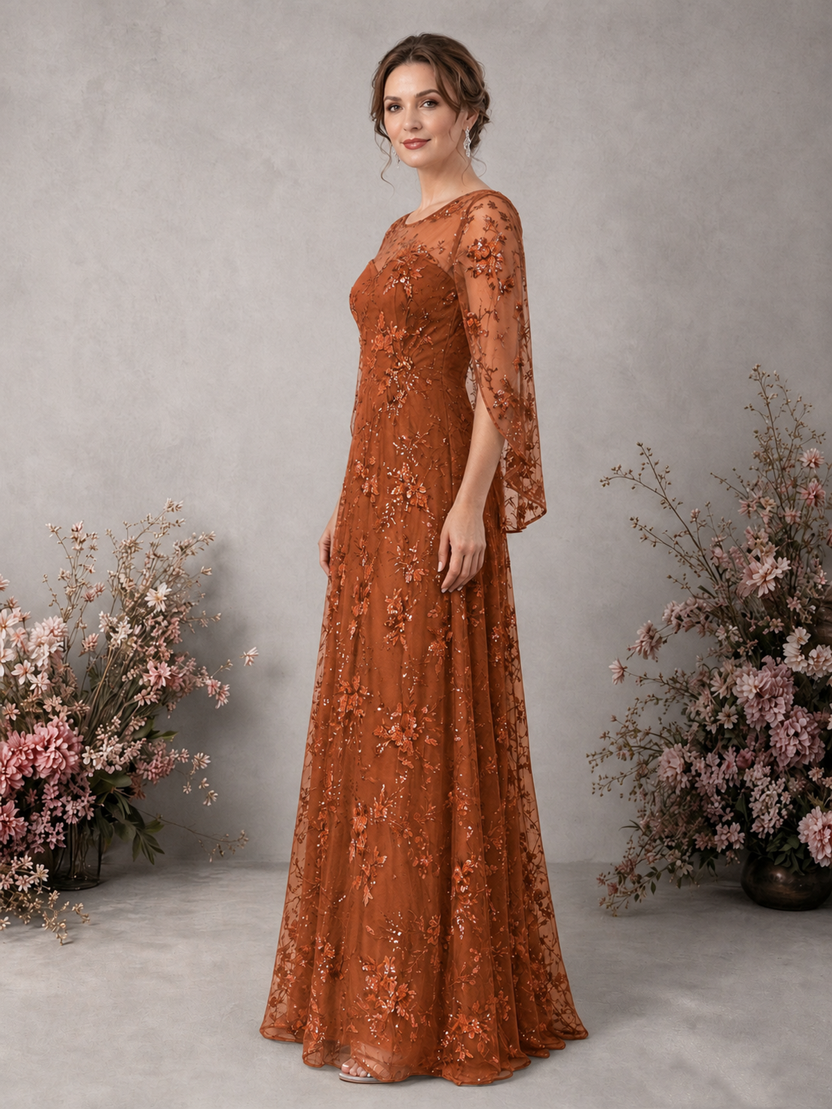 BOLODOO Burnt Orange Sequin Lace Cape Sleeve Formal Evening Gown - Burnt Orange - Burnt Orange_4