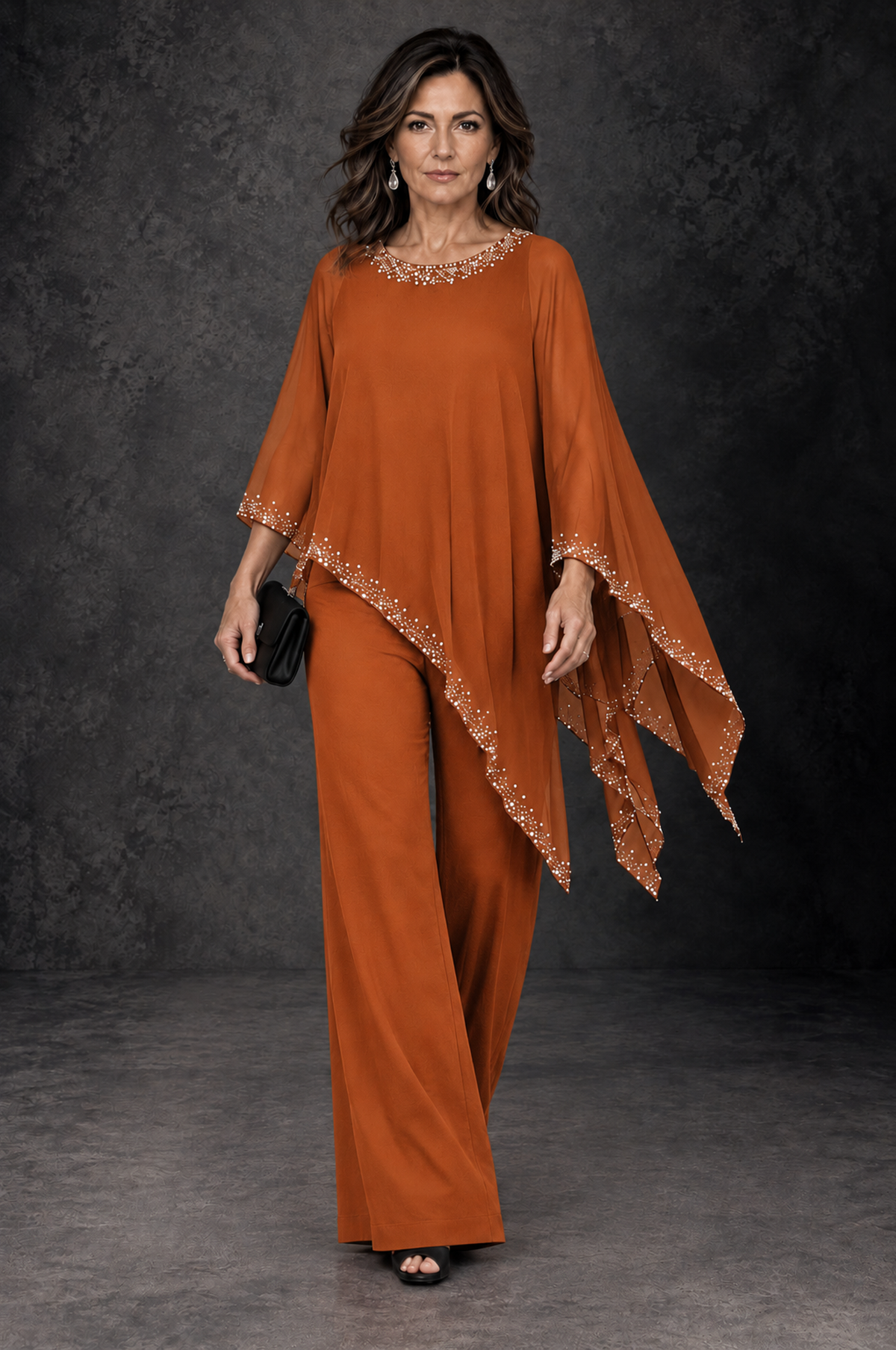 BOLODOO Burnt Orange Embellished Cape Mother of the Bride Pantsuit - Burnt Orange - Burnt_Orange_4