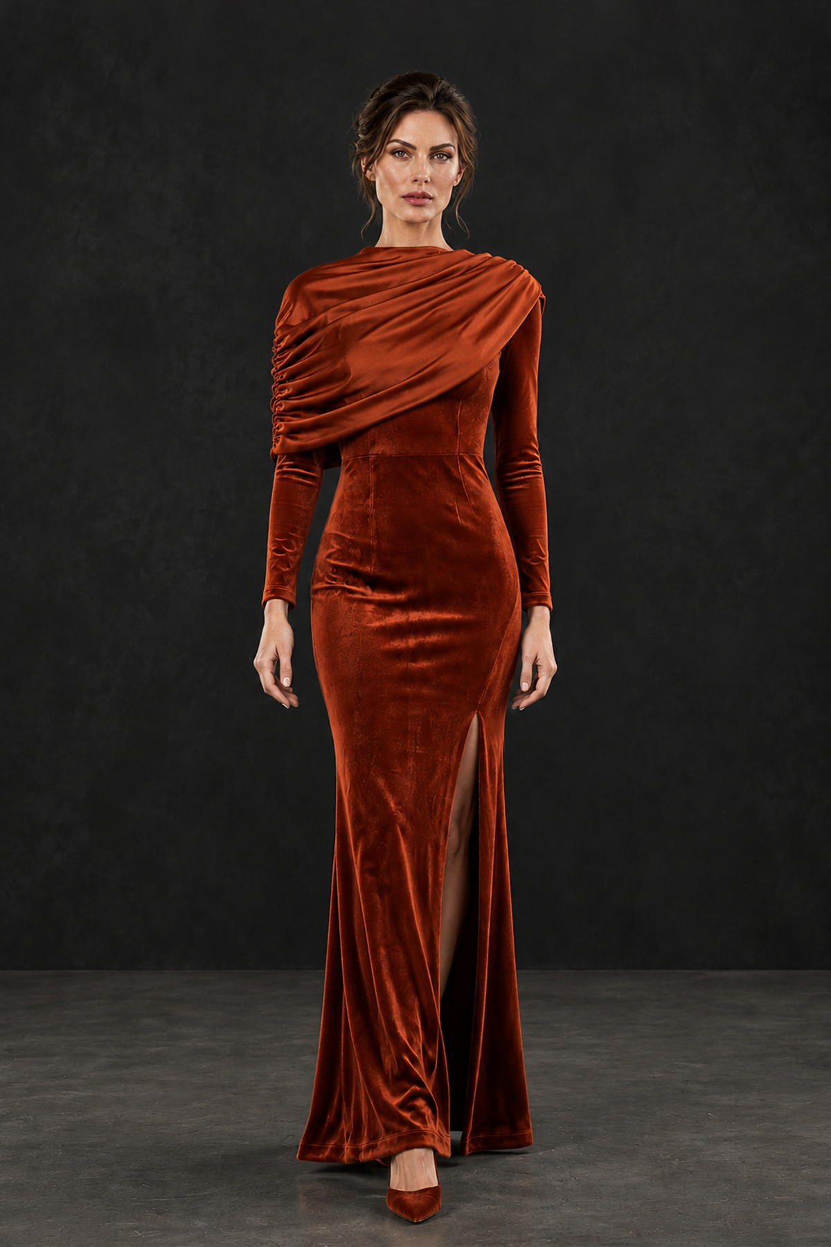 BOLODOO Burnt Orange Velvet Long Sleeve Draped Mother of the Bride Dress - Burnt Orange - Burnt_Orange_4
