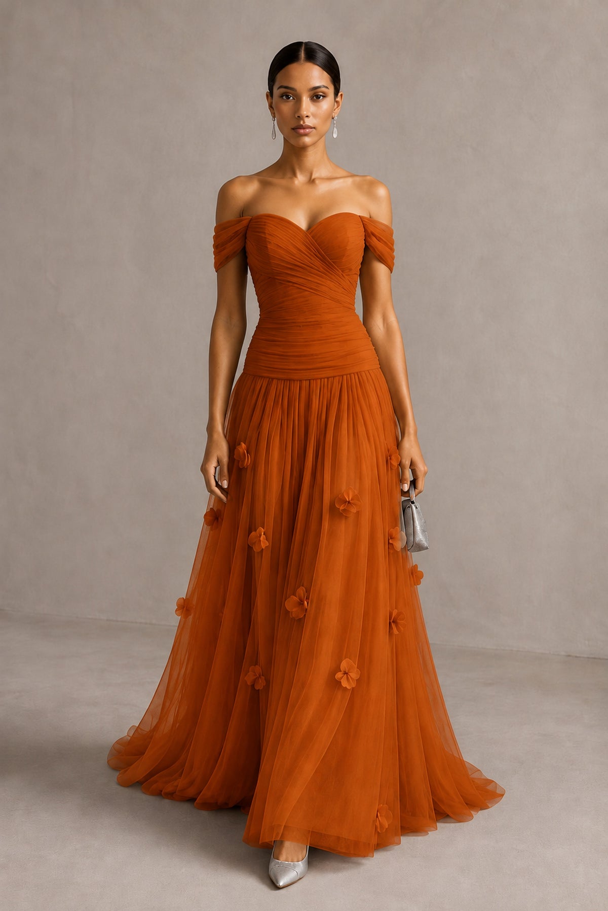 Burnt Orange Off-Shoulder Sweetheart A-Line Tulle Gown with 3D Floral Appliques | BOLODOO - Burnt Orange