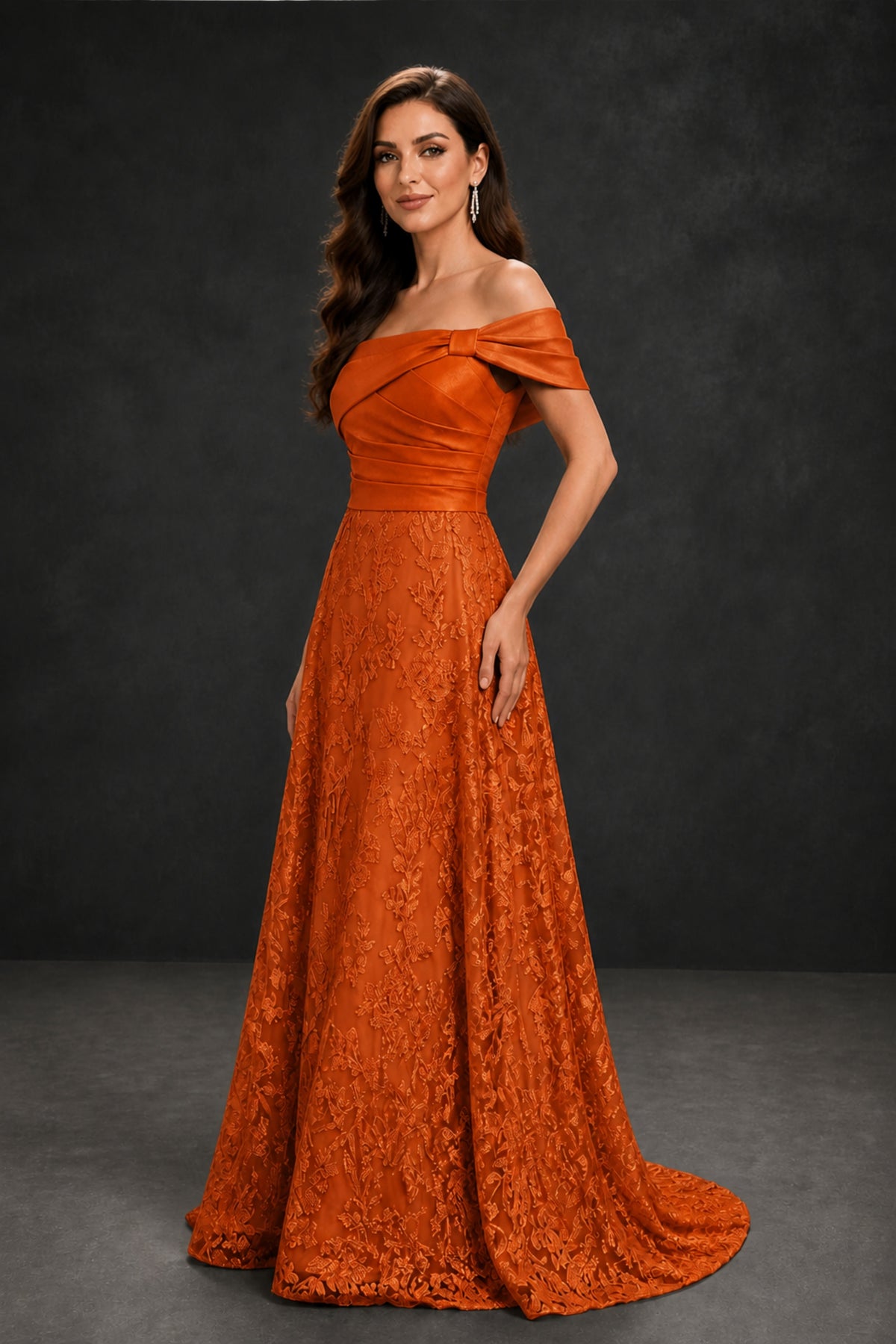 BOLODOO Burnt Orange Lace Glitter Off Shoulder Cap Sleeve A-Line Ball Gown with Train – Formal Evening Dress - Burnt Orange