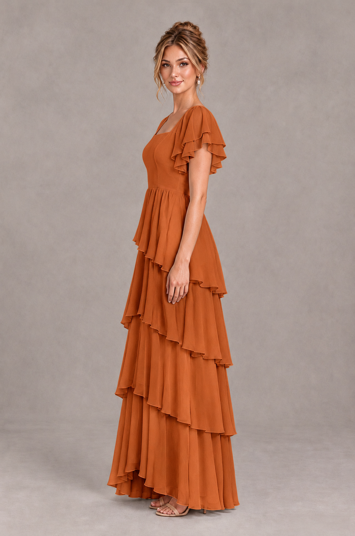 BOLODOO Burnt Orange Square Neck Flutter Sleeve Tiered Chiffon Bridesmaid Dress with Lace-Up Back - Burnt Orange - Burnt Orange_4