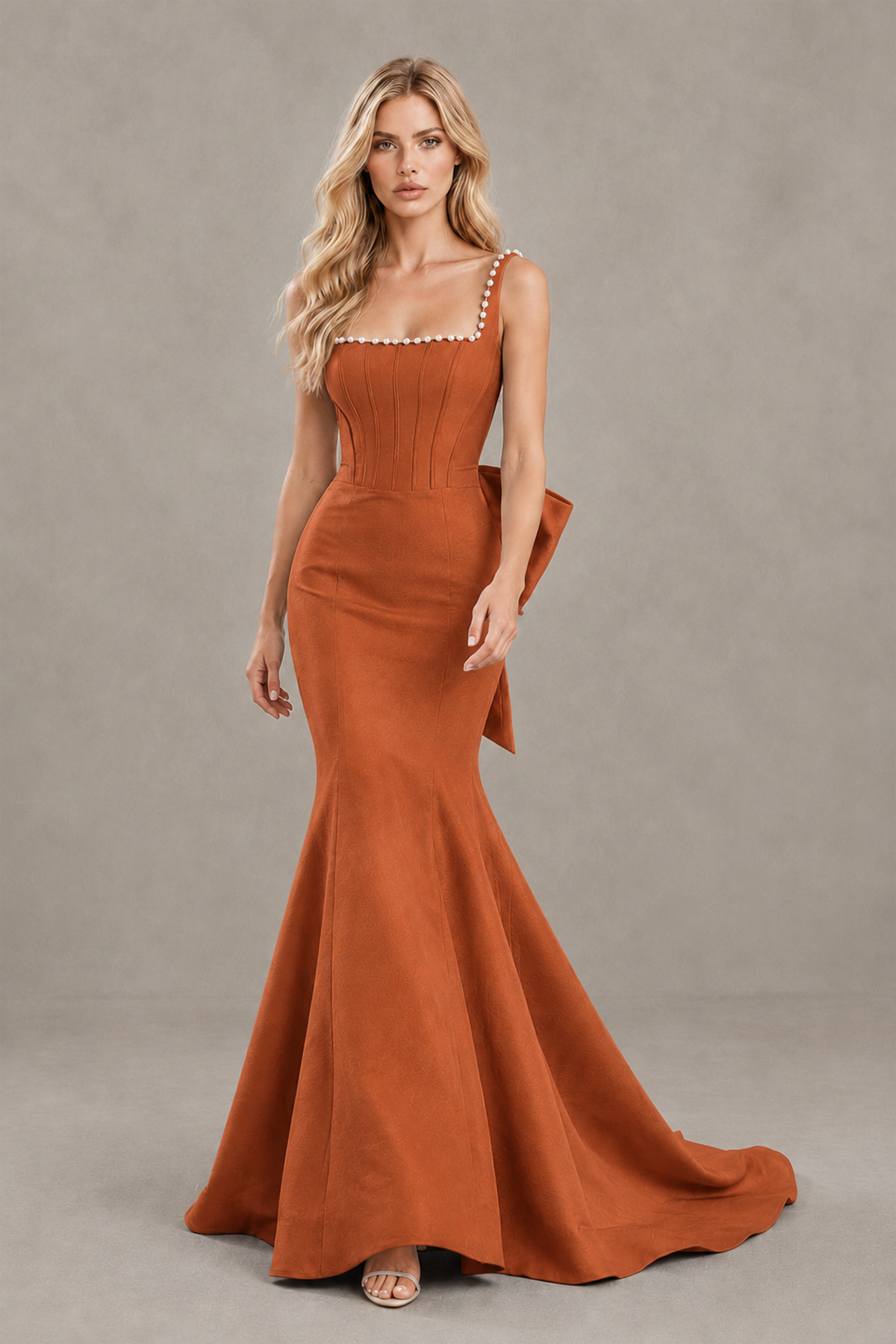 BOLODOO Burnt Orange Pearl-Trim Mermaid Prom Dress with Back Bow - Burnt Orange - Burnt_Orange_4