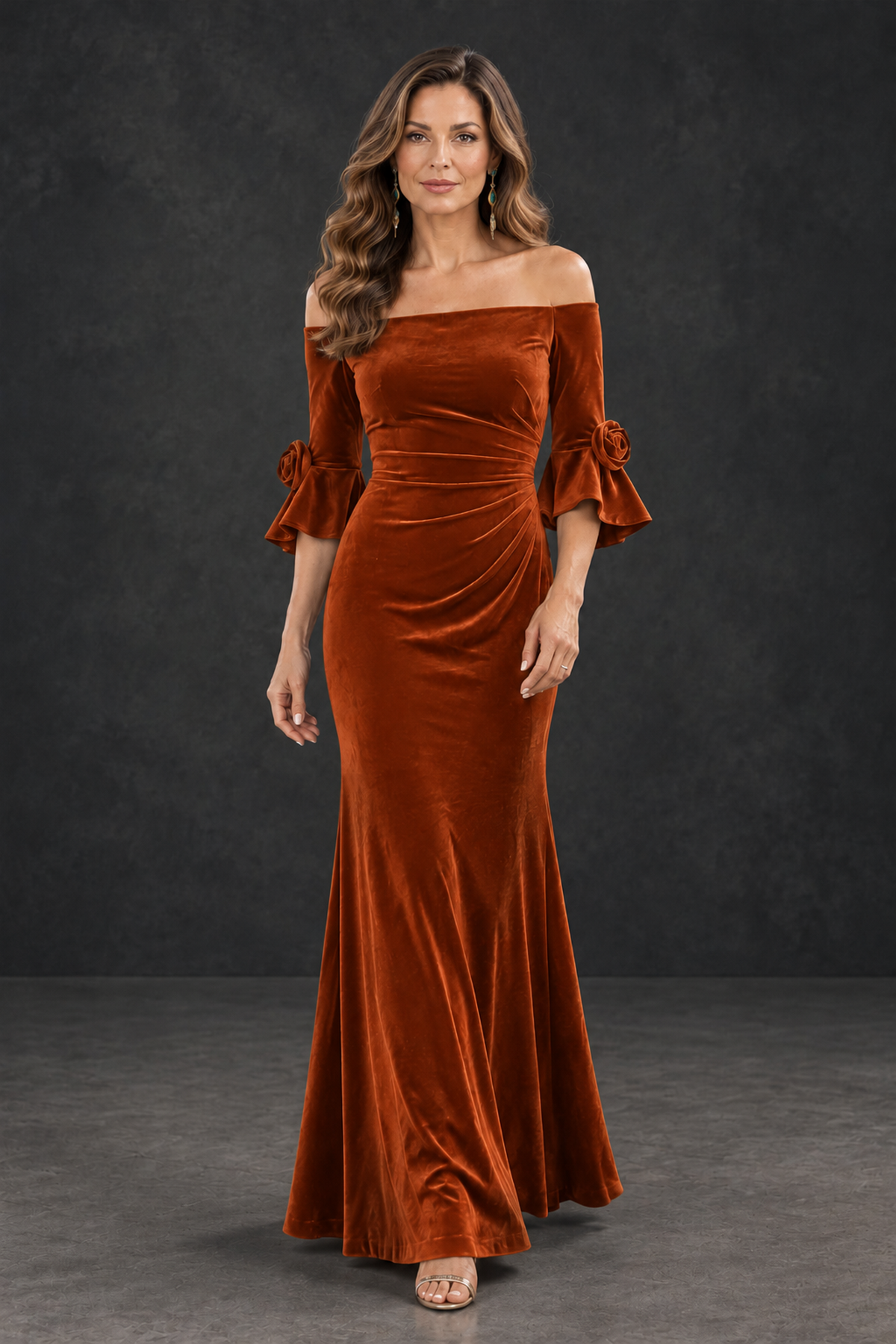 BOLODOO Burnt Orange Velvet Mother of the Bride Dress with Rosette Sleeves - Burnt Orange - Burnt_Orange_4
