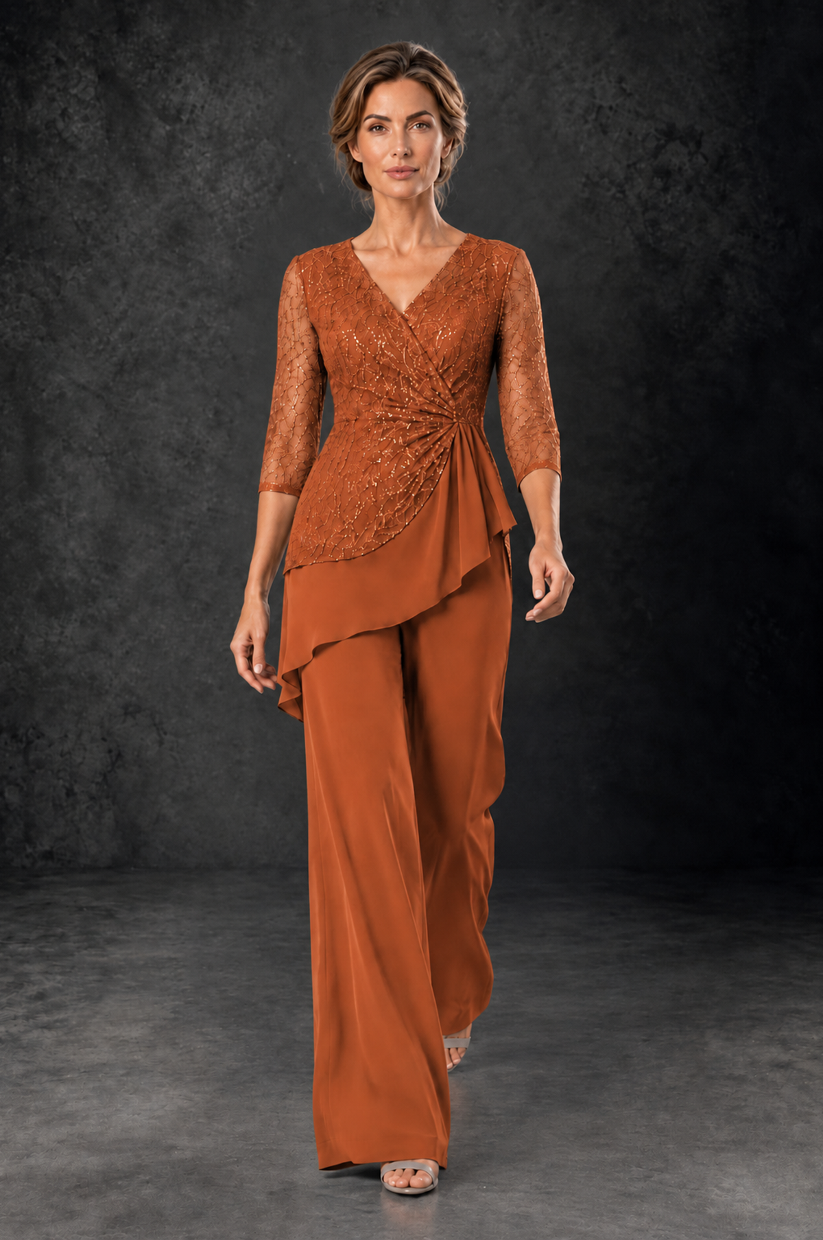 BOLODOO Burnt Orange Sequin Lace 3/4 Sleeve Chiffon Mother of the Bride Pant Suit - Burnt Orange - Burnt_Orange_4