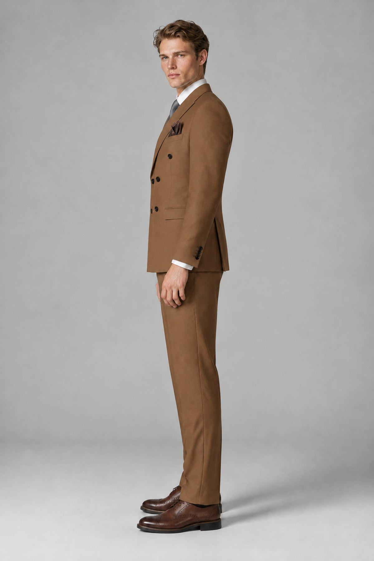 Bolodoo Men's Burnt Orange Double-Breasted Two-Piece Suit with Peak Lapels - Burnt Orange - Burnt Orange_4