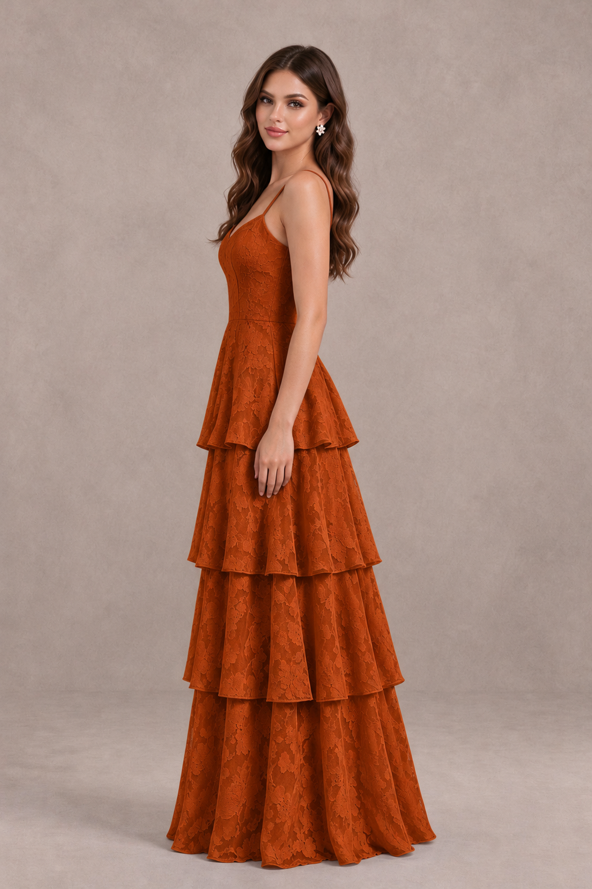 BOLODOO Burnt Orange Tiered Floral-Textured Spaghetti Strap Maxi Dress - Burnt Orange - Burnt Orange_4