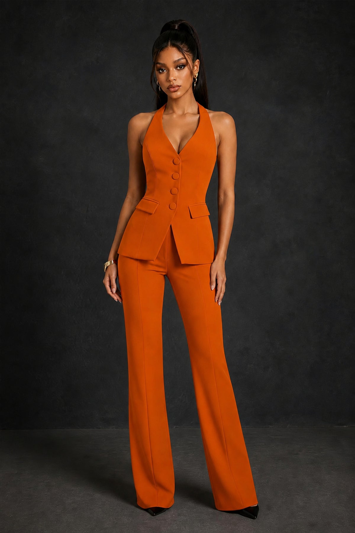 BOLODOO Burnt Orange Halter Neck Deep V Open Back– Formal Suit with Wide-Leg Pants - Burnt Orange