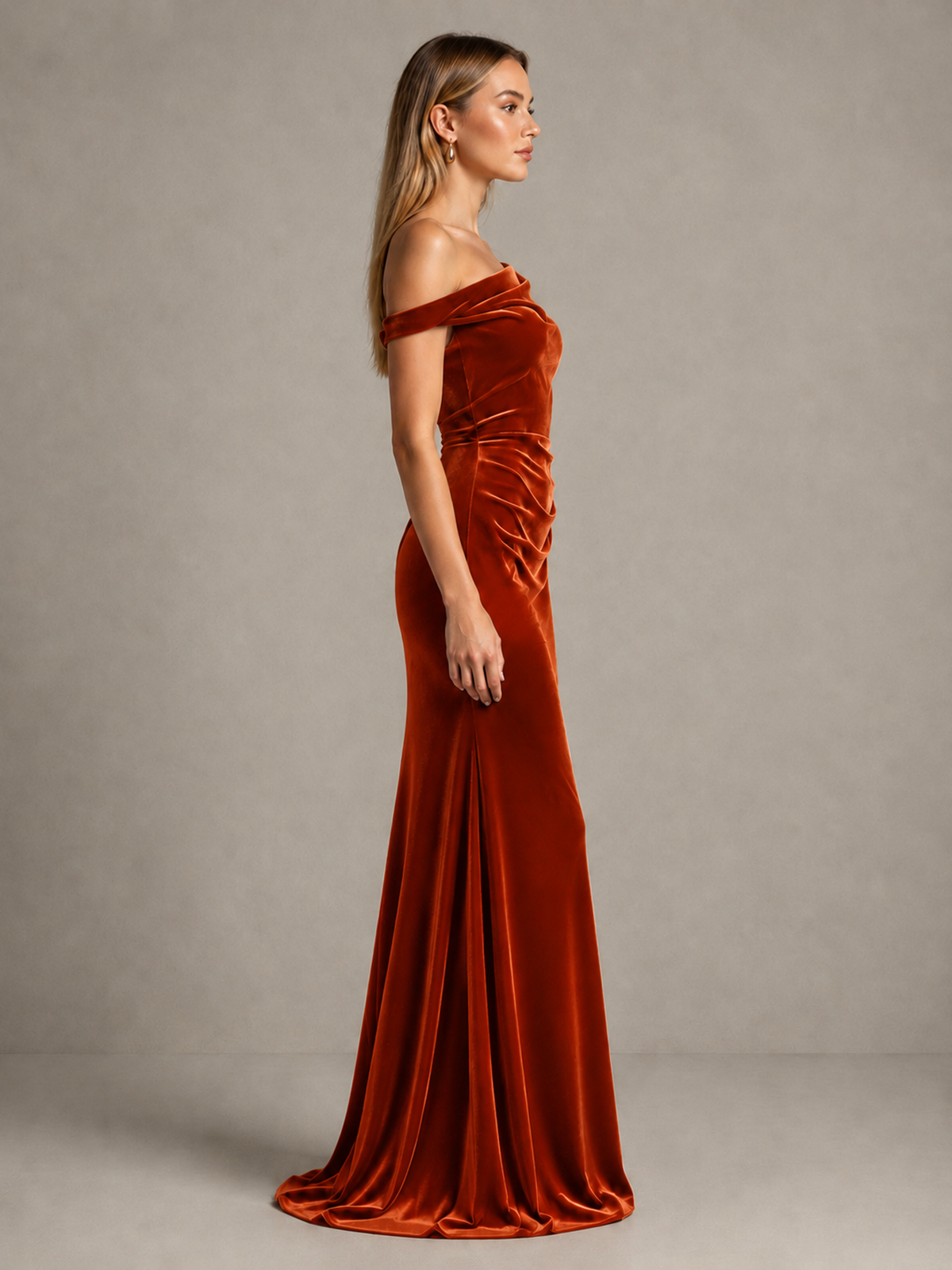 BOLODOO Burnt Orange One-Shoulder Velvet Mermaid Evening Gown - Burnt Orange - Burnt Orange_4